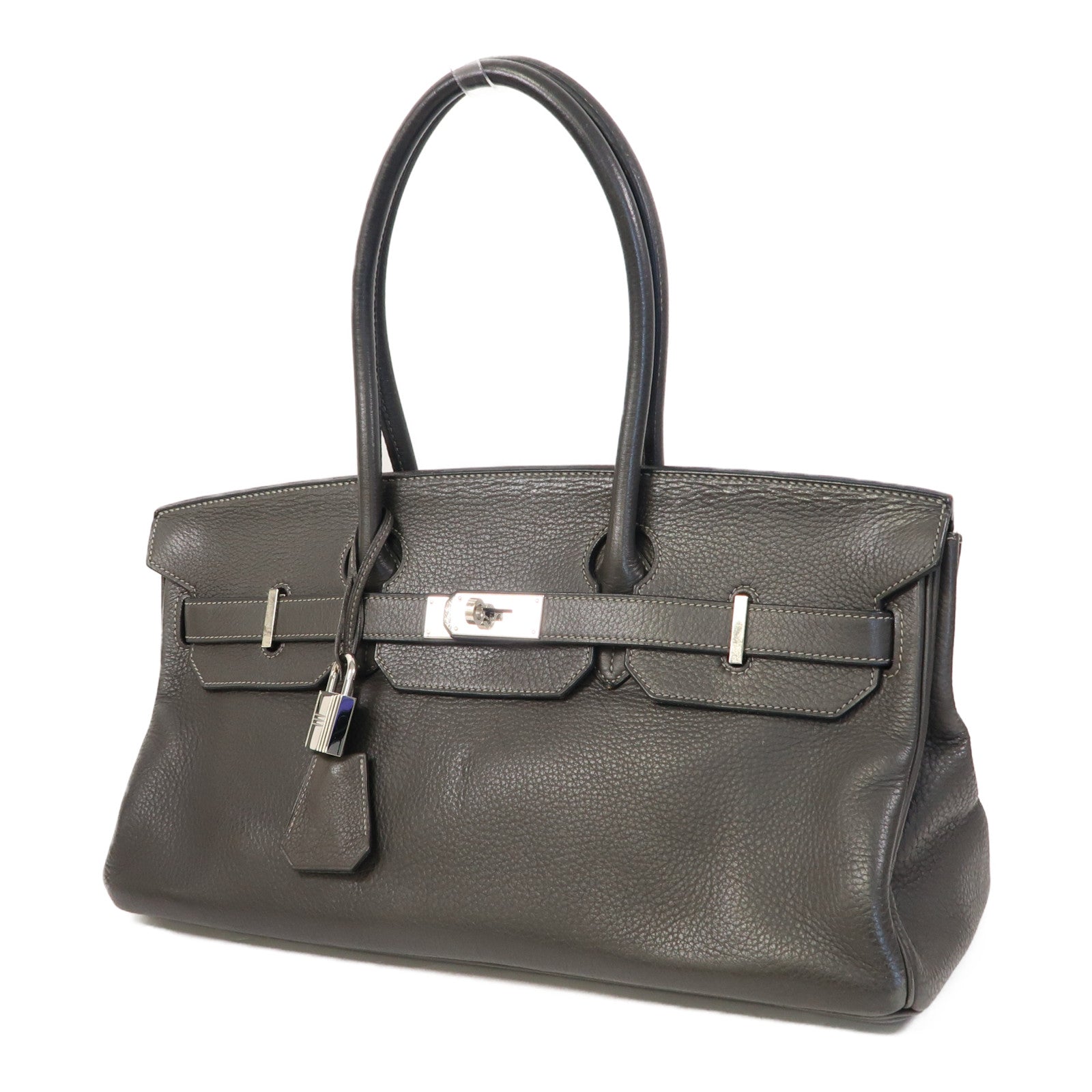 HERMES Clemence皮革Shoulder Birkin銀扣肩背袋灰色