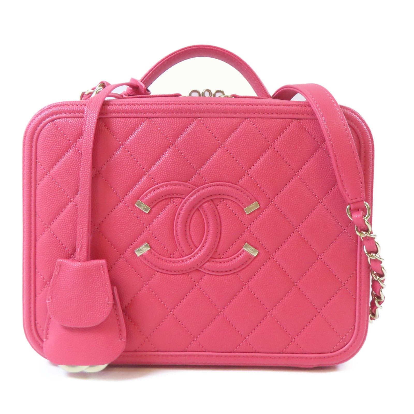 CHANEL 【激減優惠】菱格Caviar皮革Vanity Case金扣手挽肩背兩用袋粉紅色