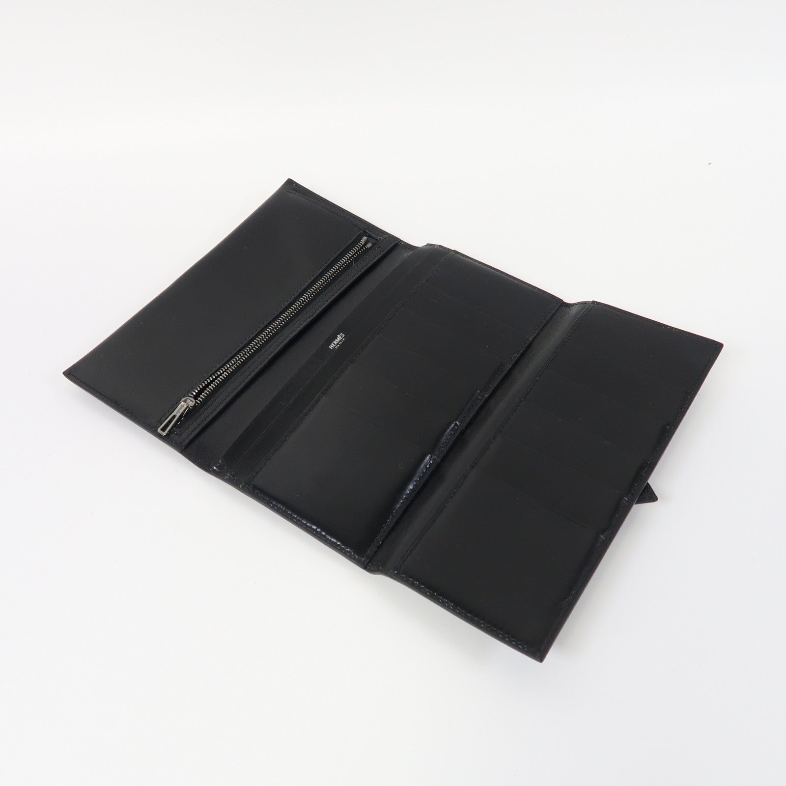 HERMES 皮革Bearn Tri-fold銀扣長錢包黑色