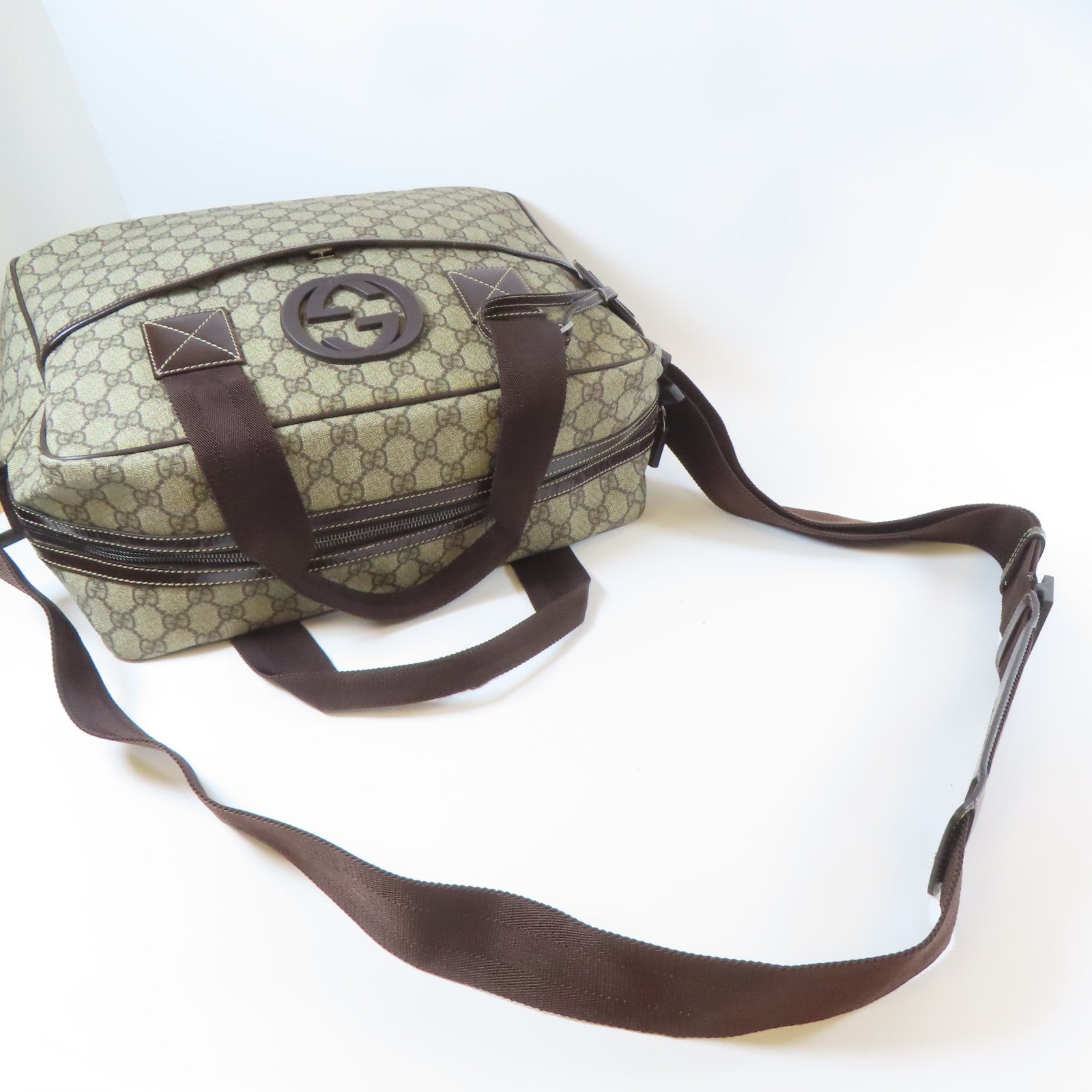 GUCCI 塗層帆布2 Way Shoulder銀扣手挽肩背兩用袋啡色