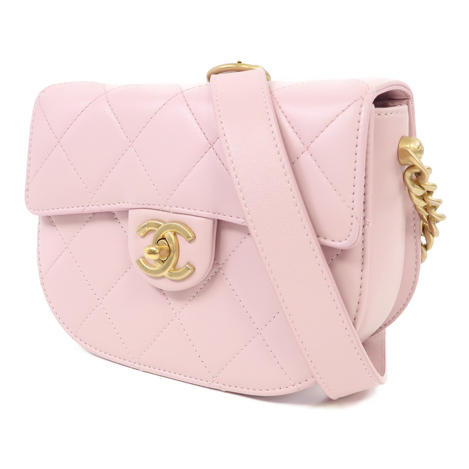 CHANEL 【激減優惠】菱格牛皮皮革Chain Shoulder金扣鏈帶肩背袋粉紅色
