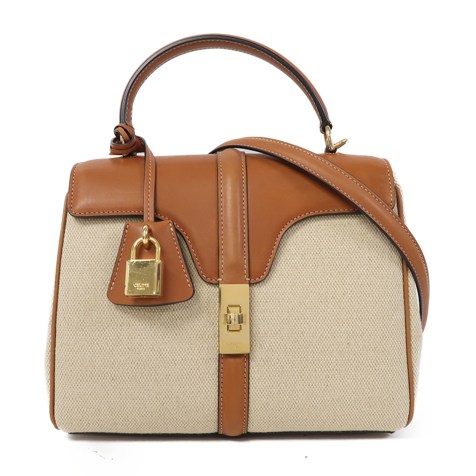 CELINE 帆布Small 16金扣手挽肩背兩用袋啡色/米色