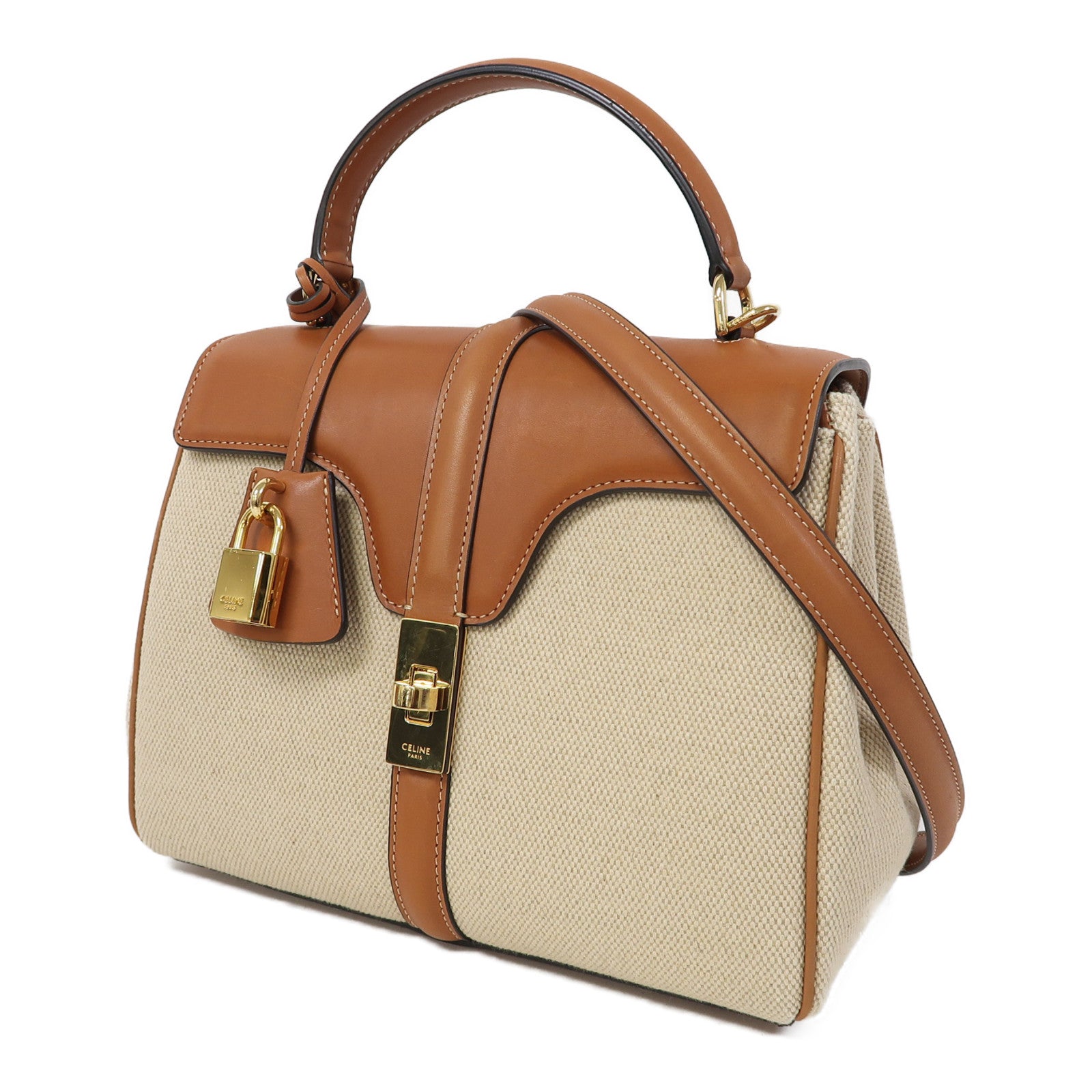 CELINE 帆布Small 16金扣手挽肩背兩用袋啡色/米色
