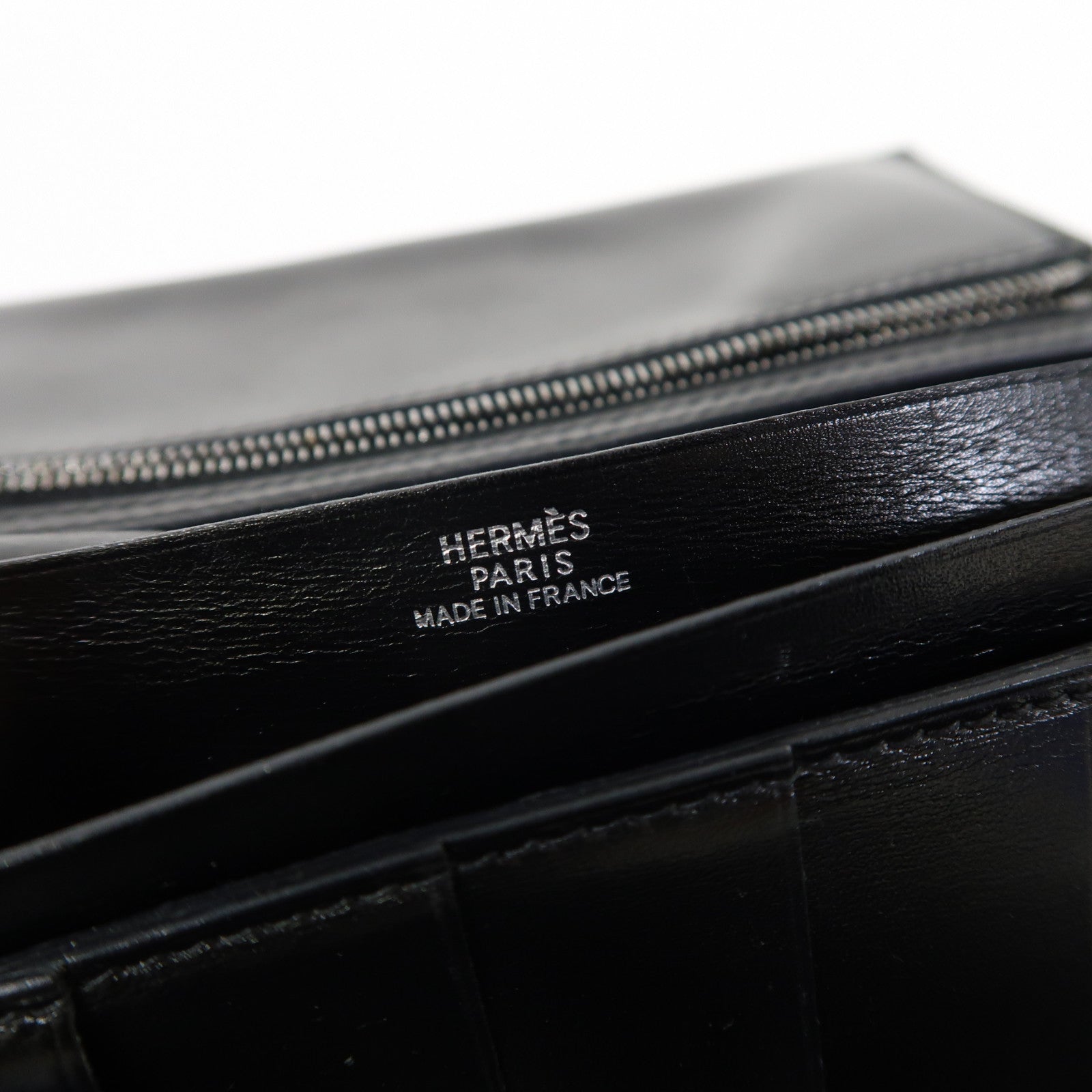 HERMES 皮革Bearn Tri-fold銀扣長錢包黑色