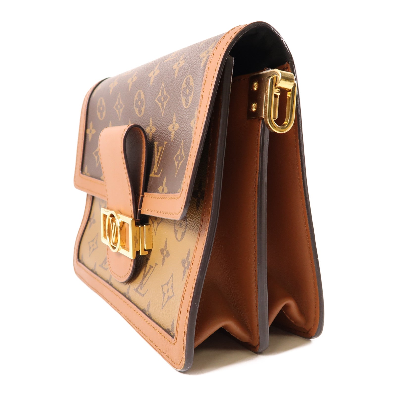 LOUIS VUITTON Monogram/Monogram Reverse Dauphine MM金扣手挽肩背兩用袋棕色