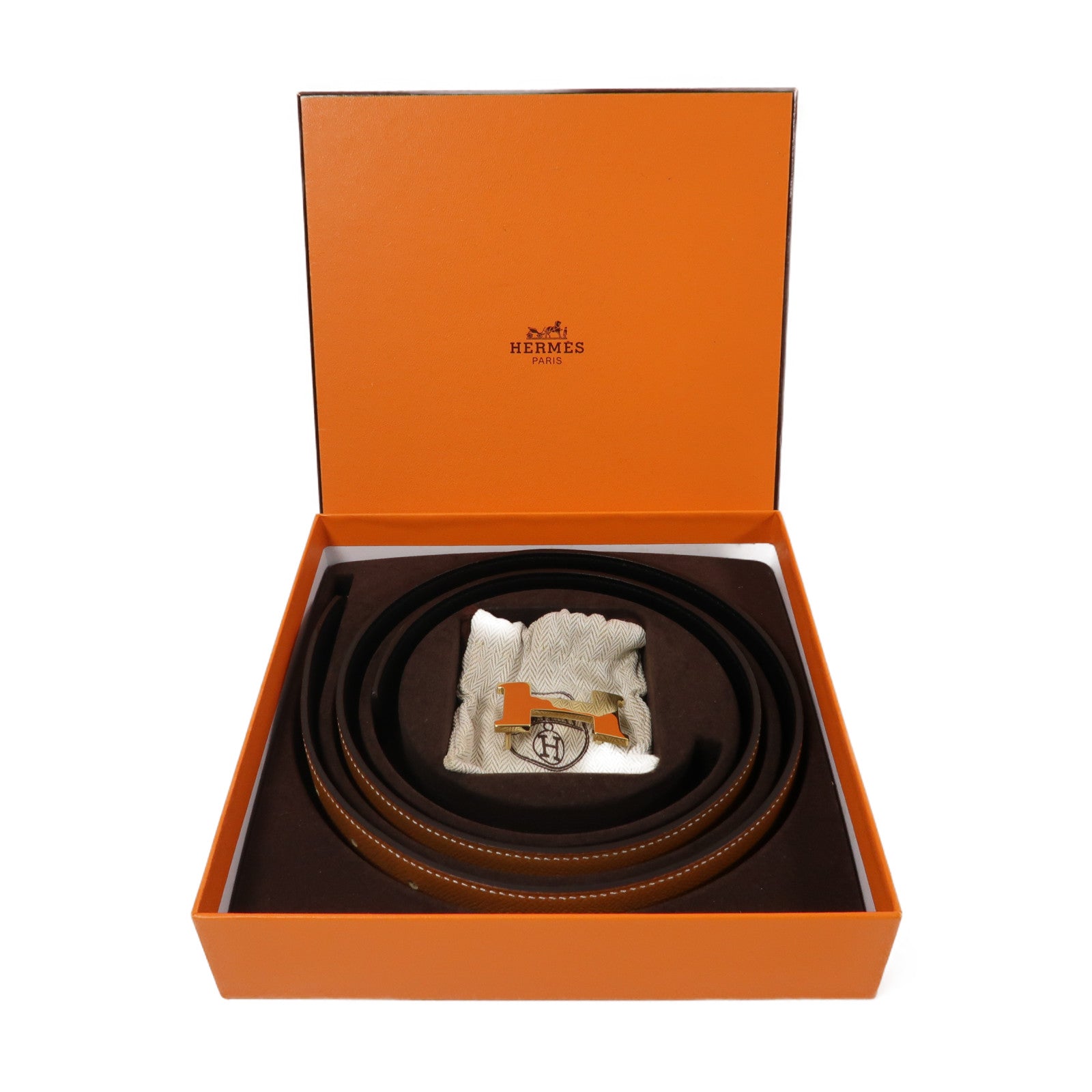 HERMES Epsom皮革/Swift皮革H Belt 85cm金扣皮帶經典駝色