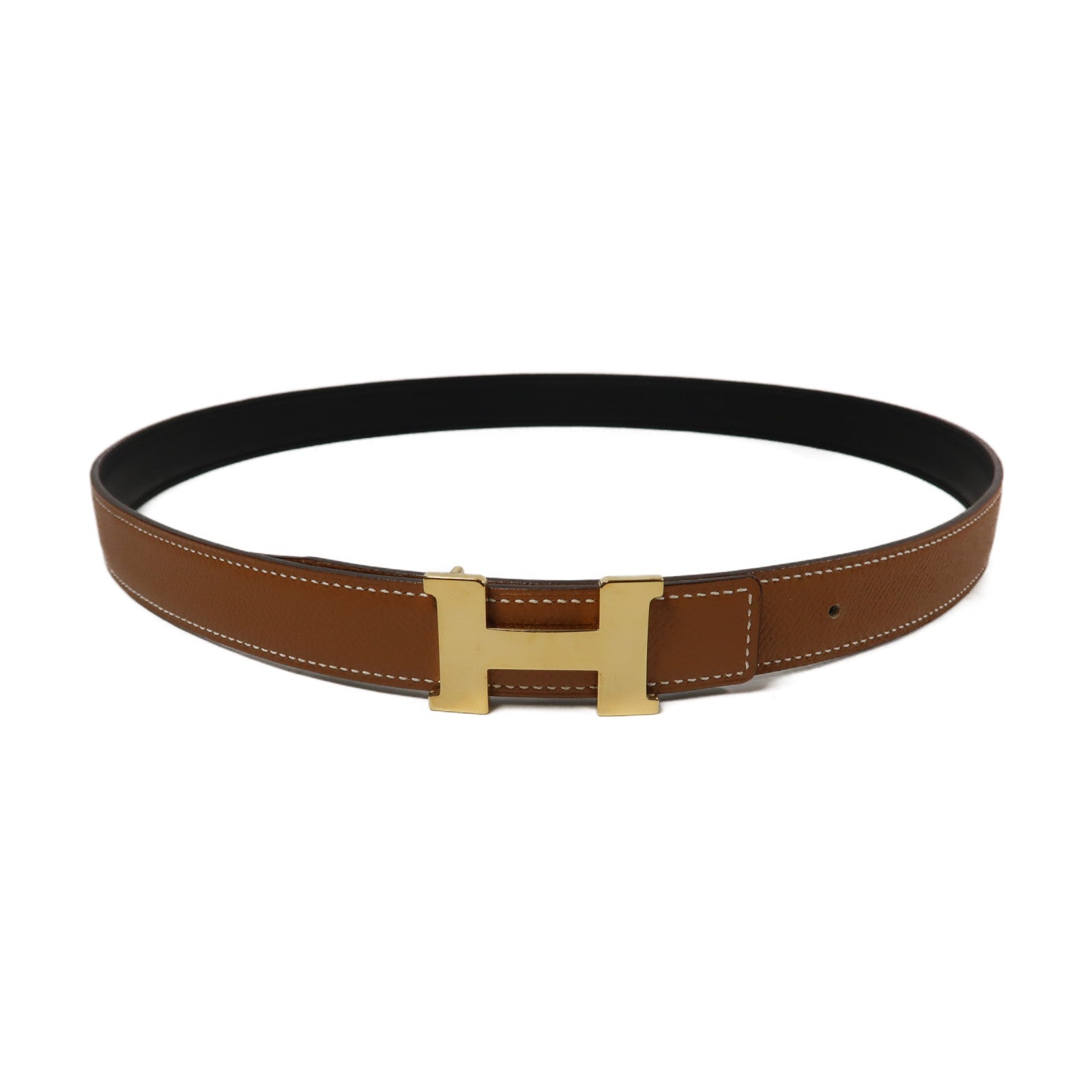 HERMES Epsom皮革/Swift皮革H Belt 85cm金扣皮帶經典駝色