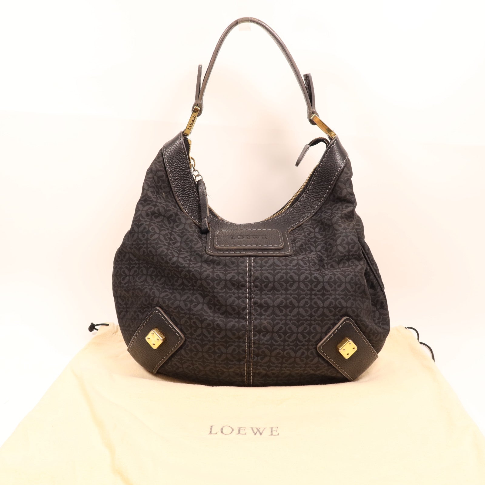 LOEWE 帆布/牛皮皮革Vintage Shoulder Bag金扣肩背袋