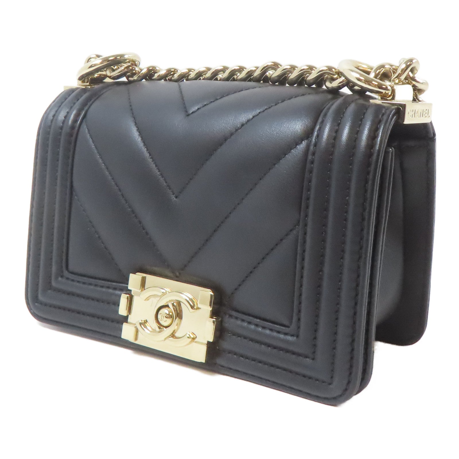 CHANEL 斜紋羊皮皮革Leboy Mini金扣鏈帶肩背袋黑色