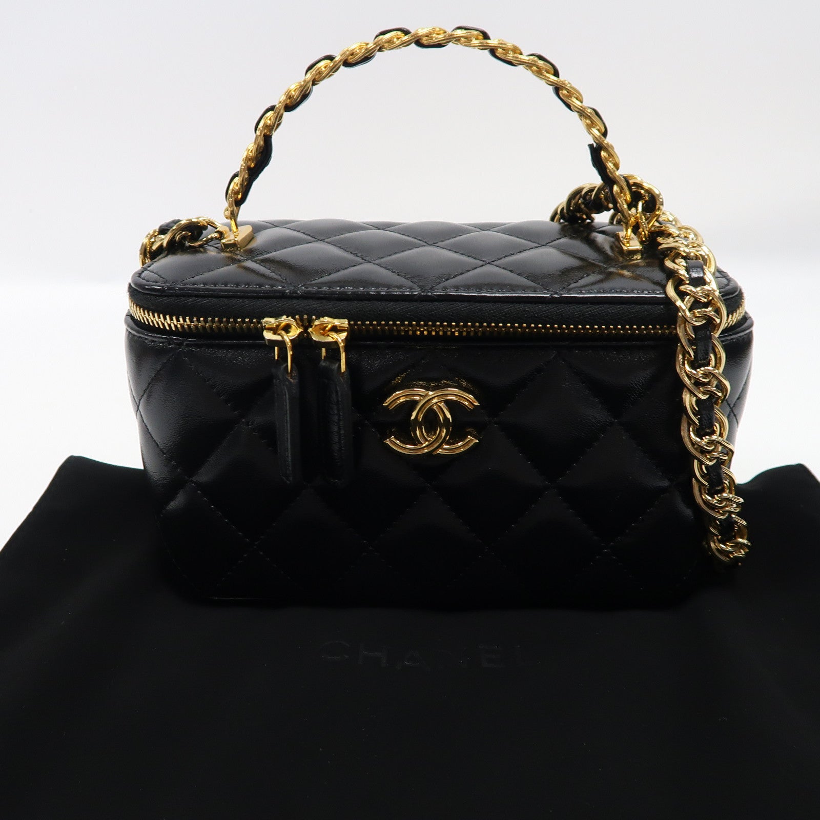 CHANEL 菱格羊皮皮革Vanity Case金扣手挽肩背兩用袋黑色