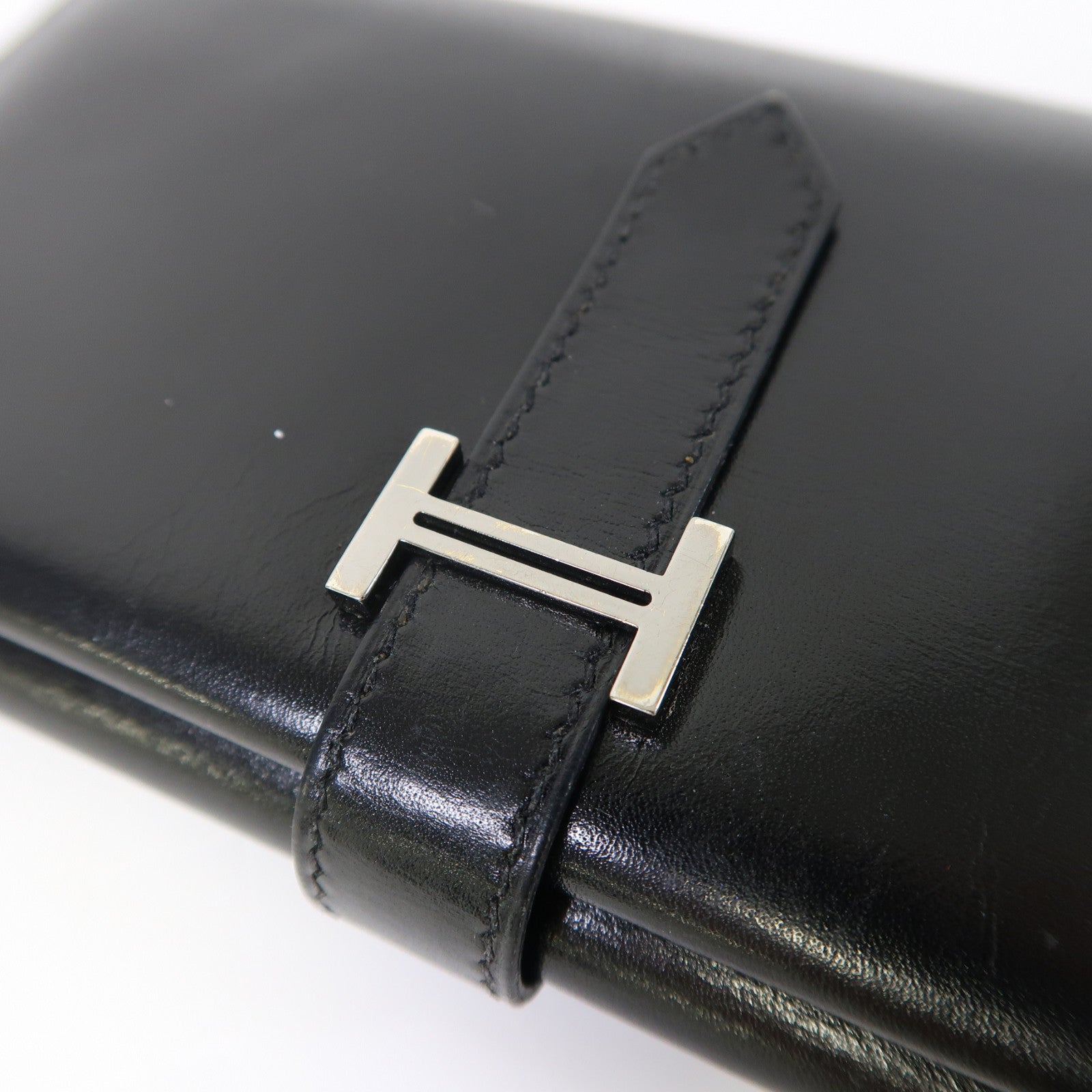 HERMES 皮革Bearn Tri-fold銀扣長錢包黑色