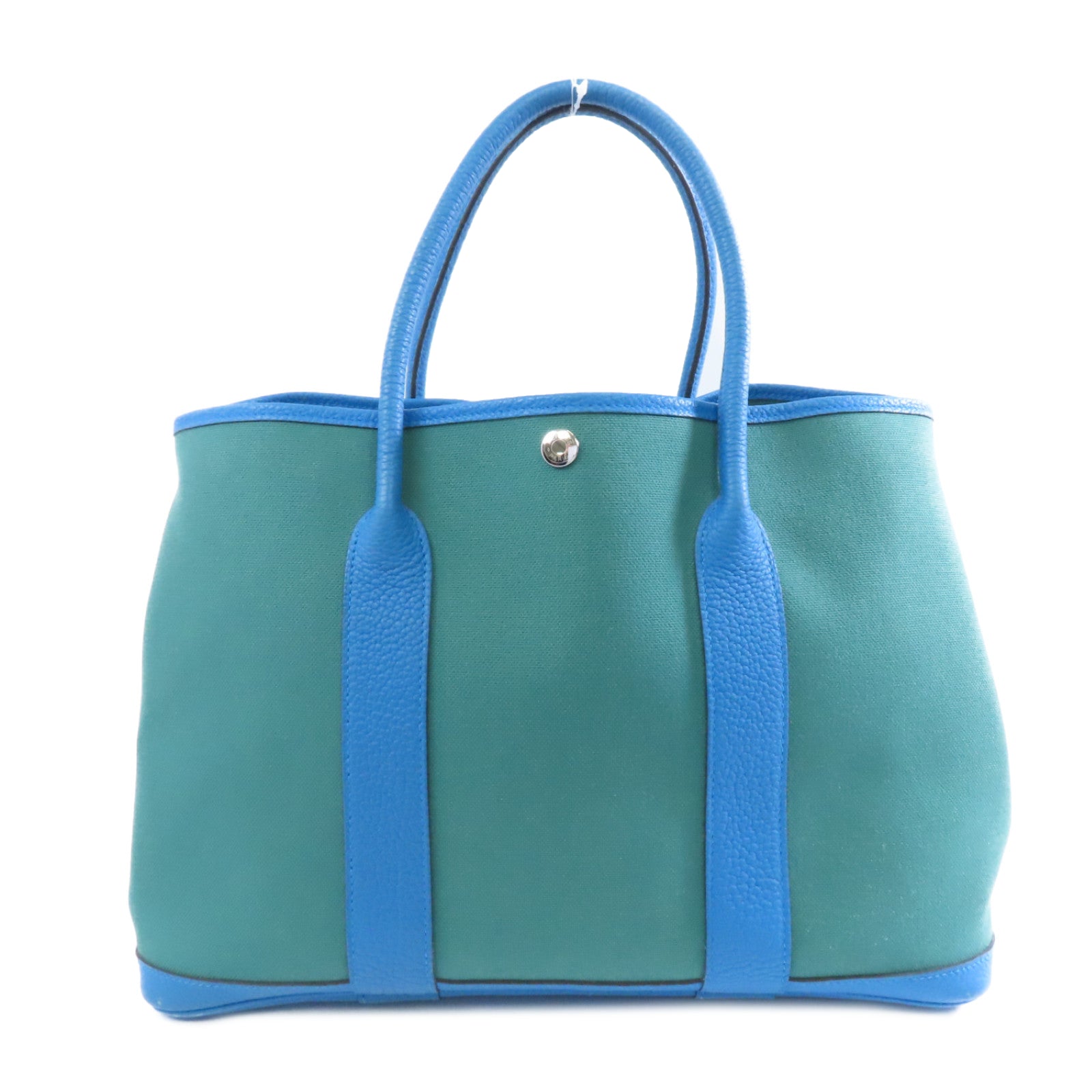 HERMES 【清倉大減價】帆布GardenParty PM銀扣手挽袋Blue Zanzibar/Malach/藍色/綠色