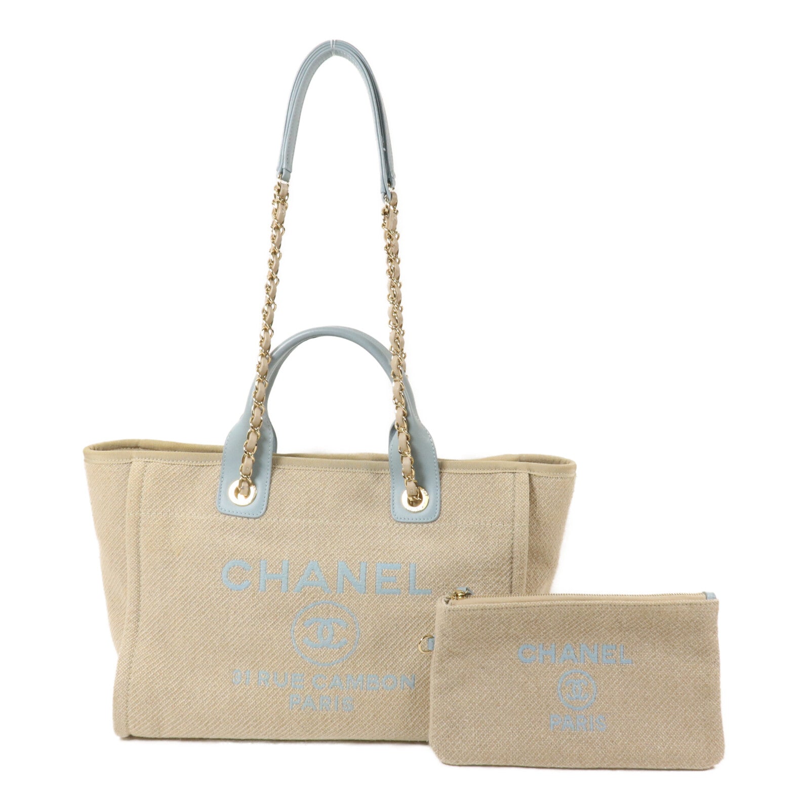 CHANEL 帆布Deauville Tote Small鏈帶手挽肩背兩用袋