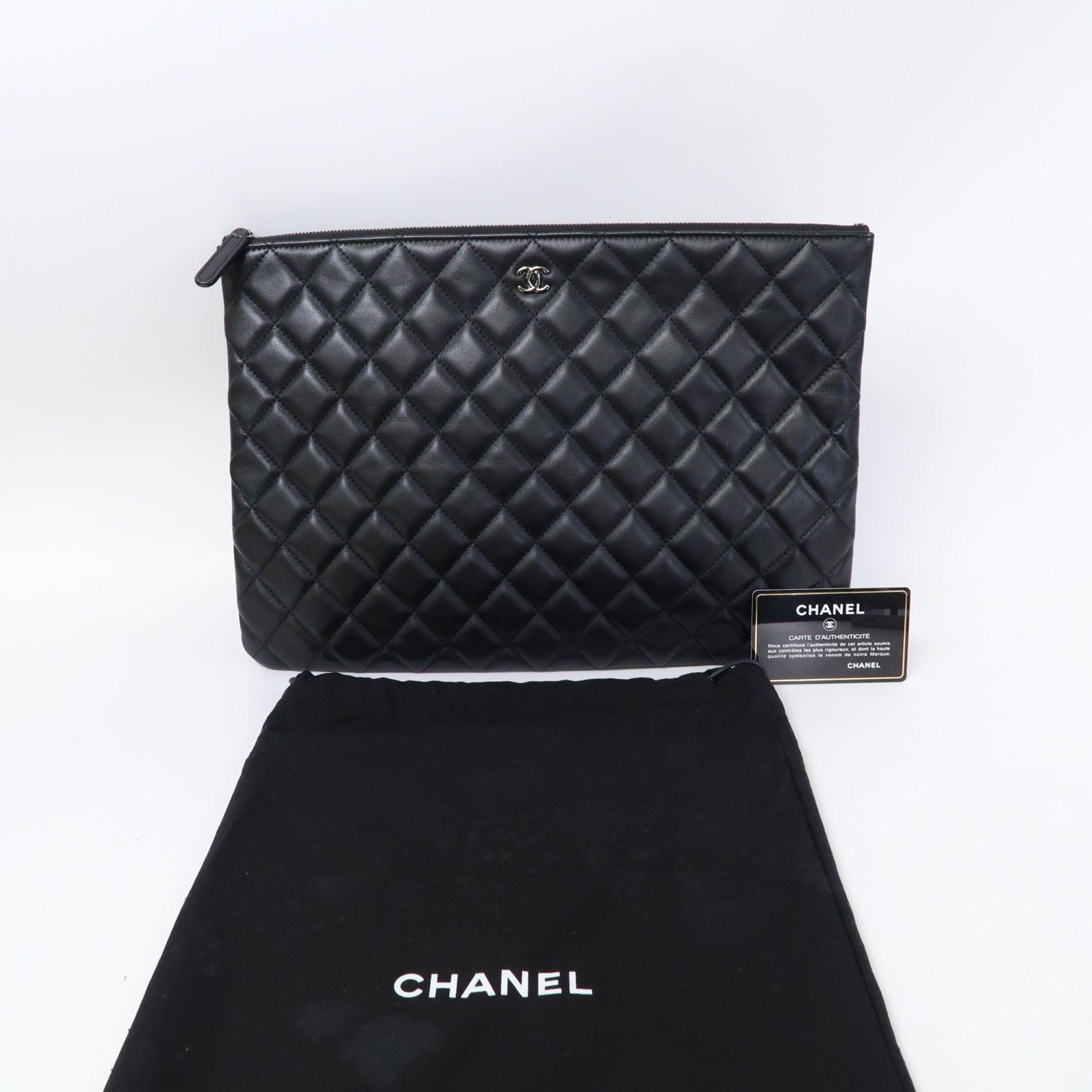 CHANEL 菱格羊皮皮革Clutch Bag銀扣手拿包黑色