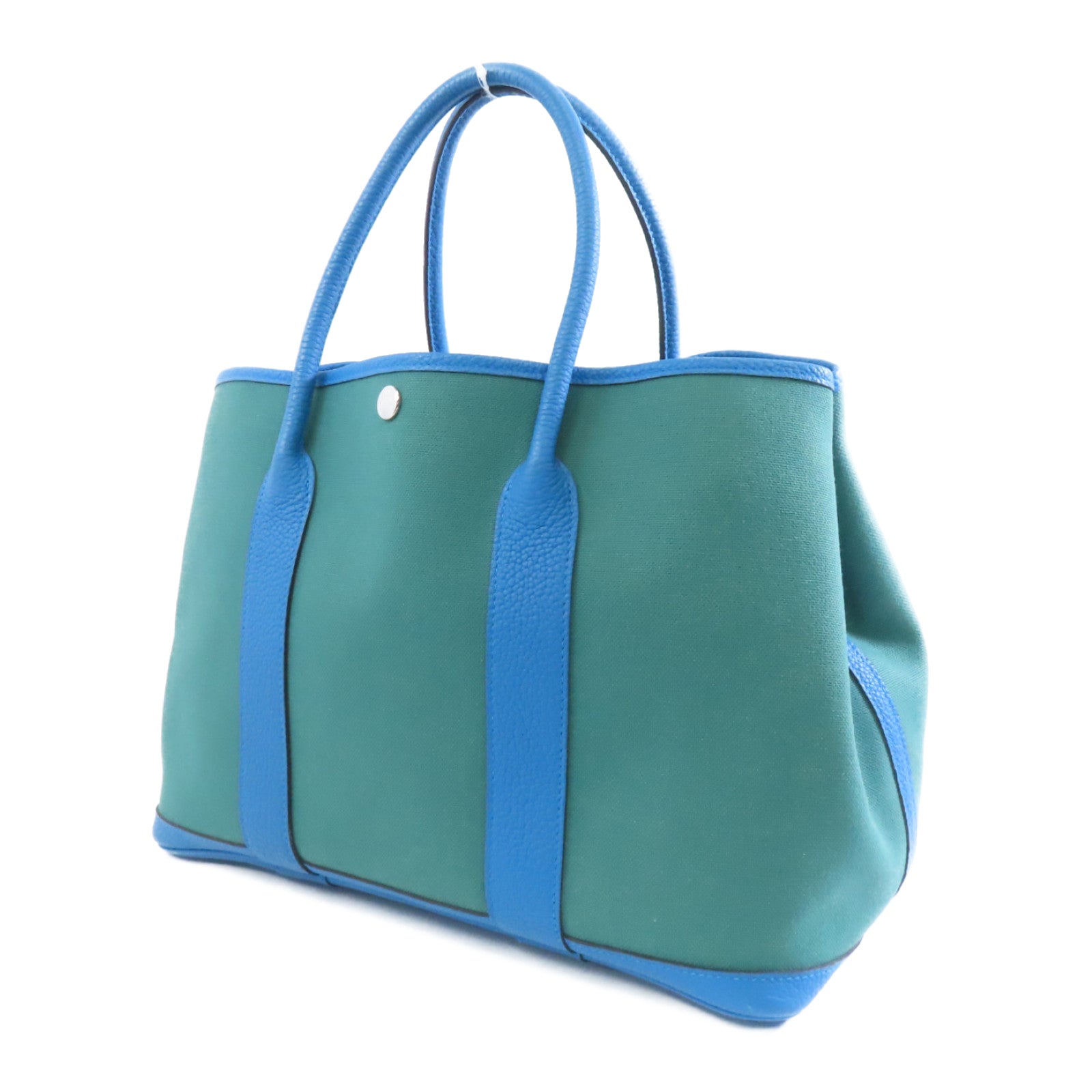 HERMES 【清倉大減價】帆布GardenParty PM銀扣手挽袋Blue Zanzibar/Malach/藍色/綠色