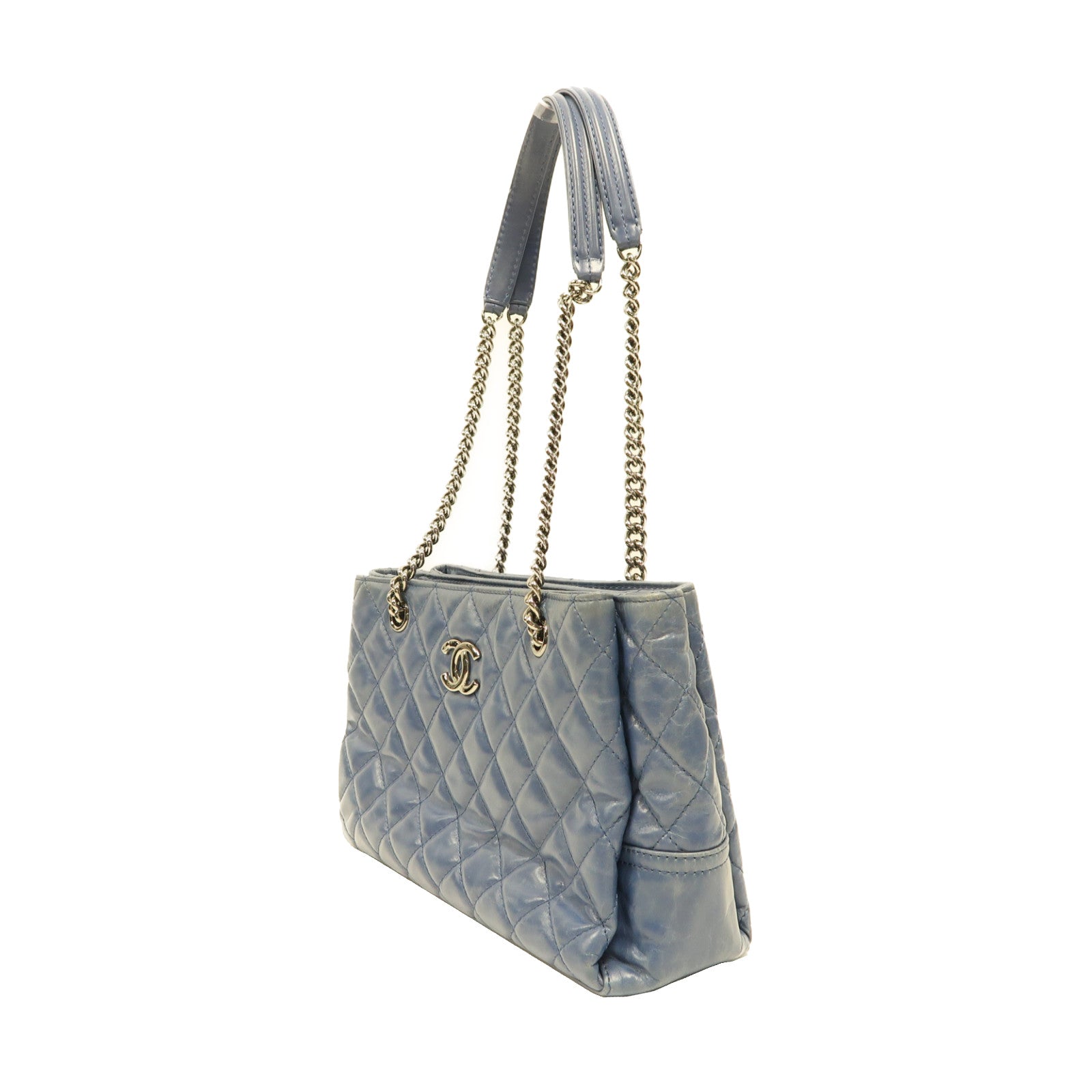 CHANEL 【激減優惠】菱格牛皮皮革Chain Shoulder銀扣鏈帶肩背袋藍色