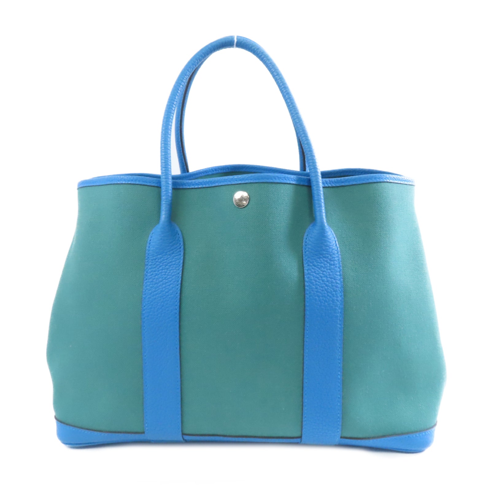 HERMES 【清倉大減價】帆布GardenParty PM銀扣手挽袋Blue Zanzibar/Malach/藍色/綠色
