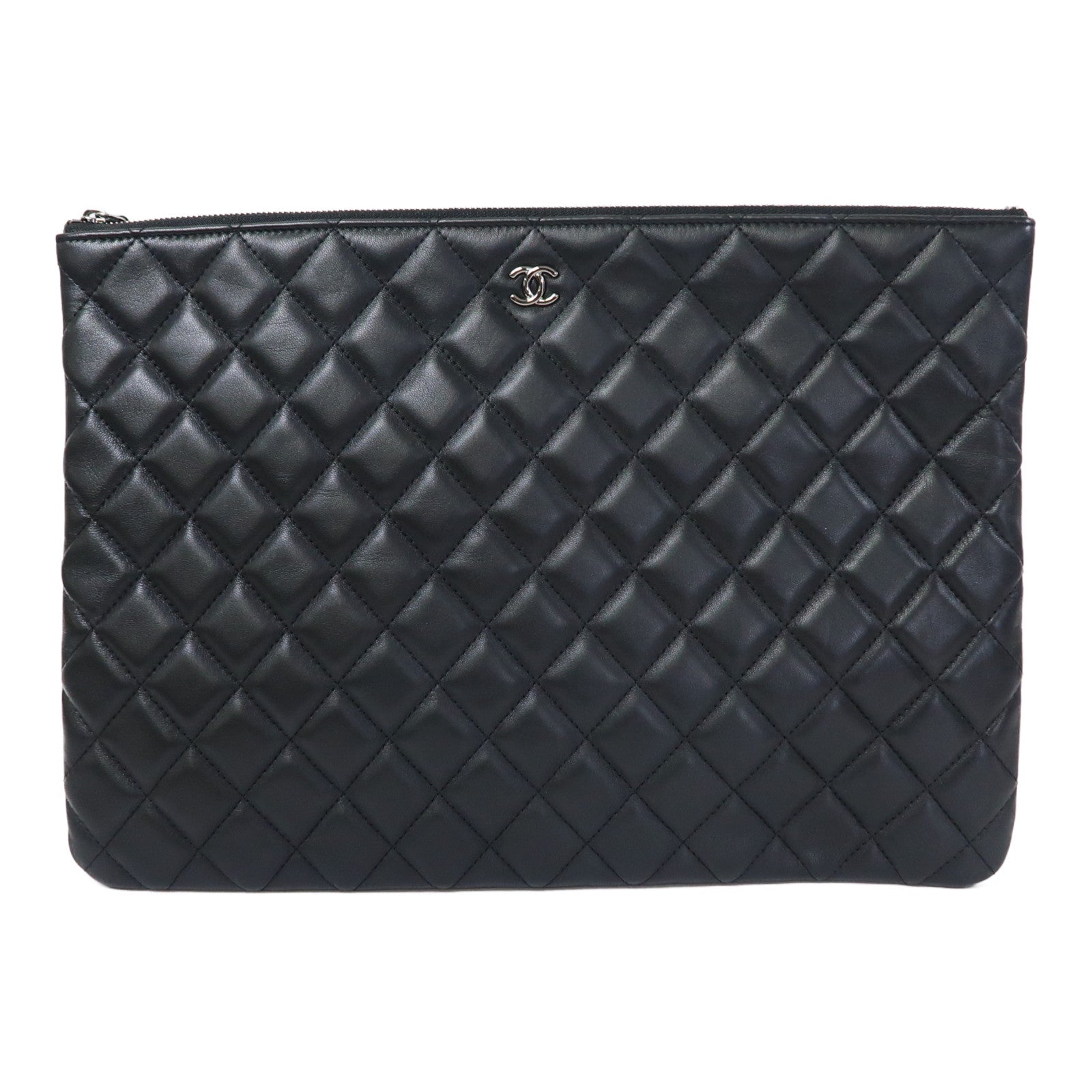 CHANEL 菱格羊皮皮革Clutch Bag銀扣手拿包黑色