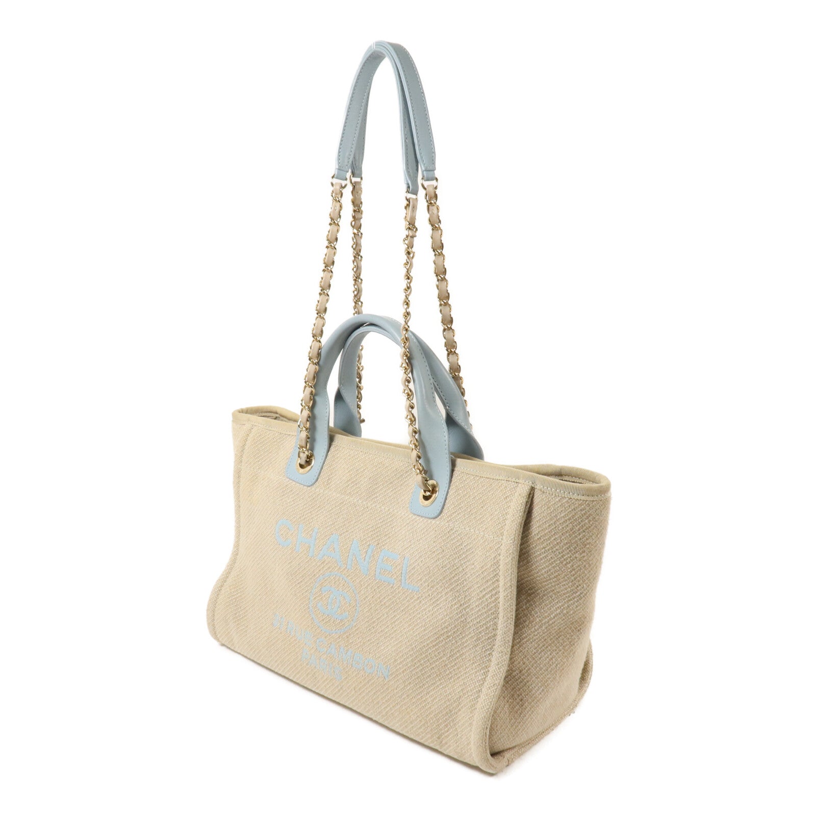 CHANEL 帆布Deauville Tote Small鏈帶手挽肩背兩用袋
