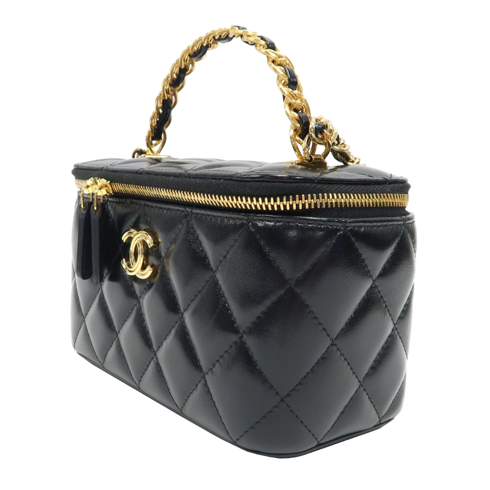 CHANEL 菱格羊皮皮革Vanity Case金扣手挽肩背兩用袋黑色