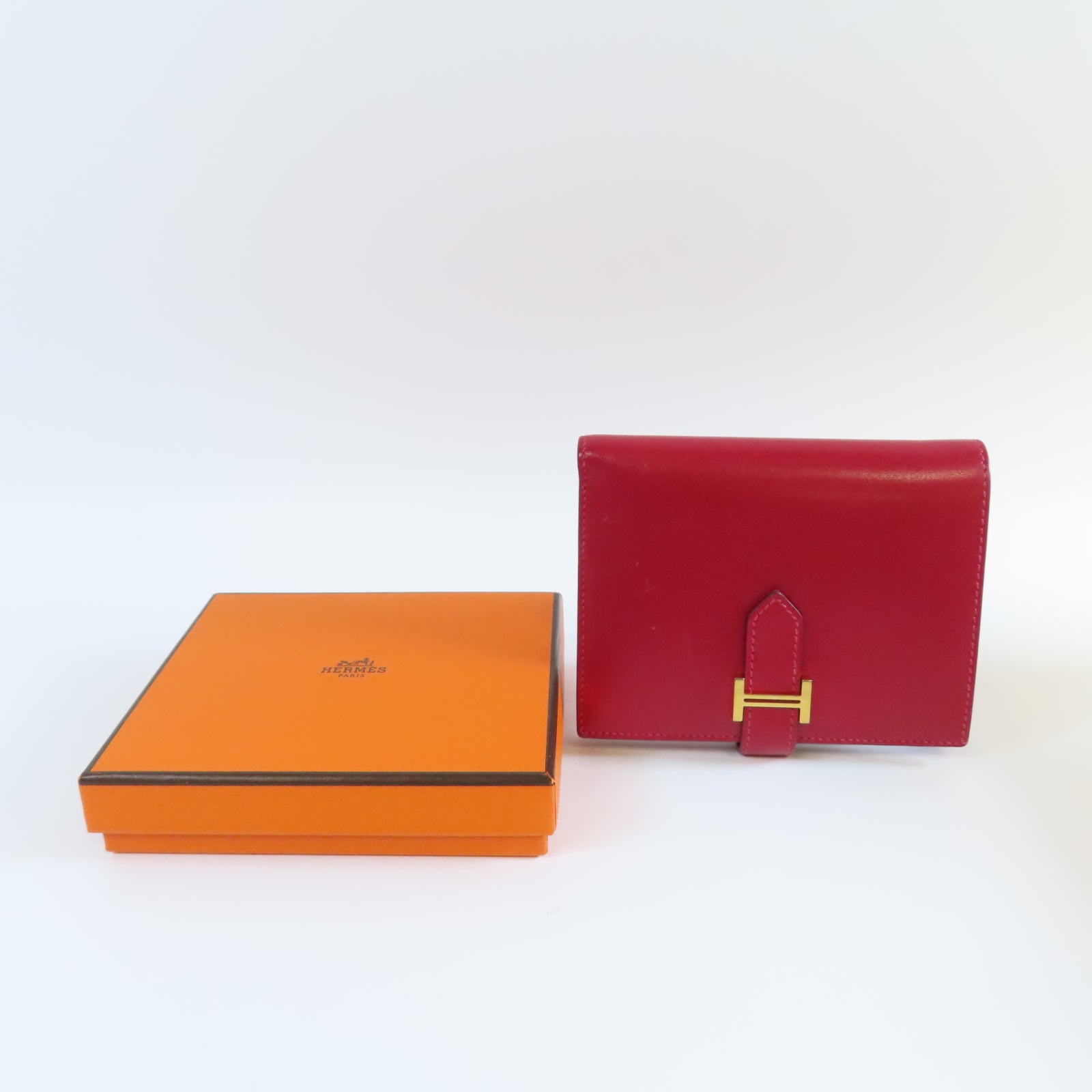 HERMES **【清倉大減價】Box Calf皮革Bearn Compact Wallet金扣錢包Rouge Casaque法拉利紅色
