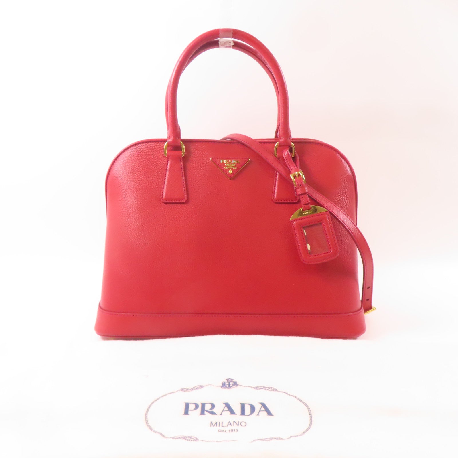 PRADA 牛皮皮革Saffiano Lux Bag金扣手挽肩背兩用袋紅色