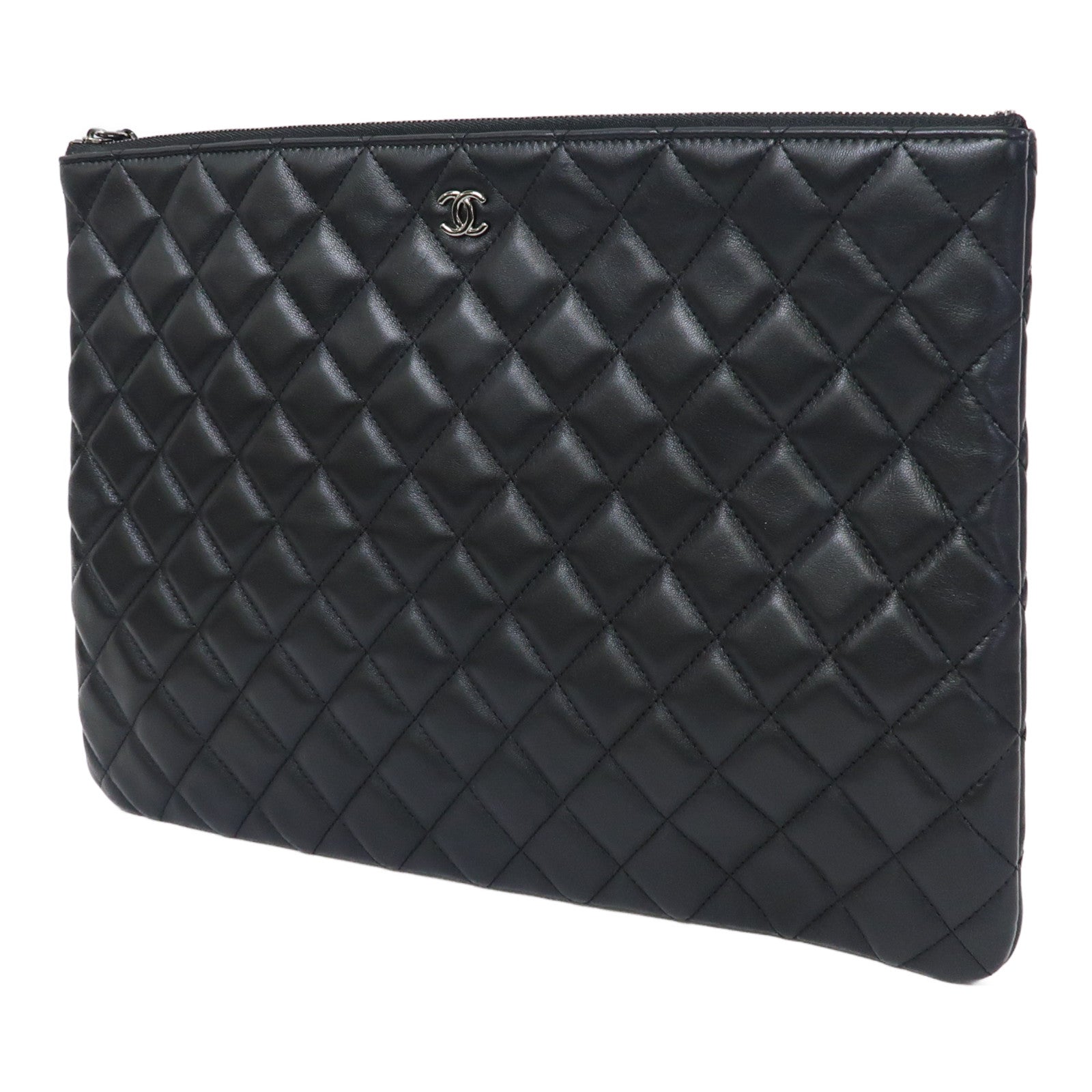 CHANEL 菱格羊皮皮革Clutch Bag銀扣手拿包黑色
