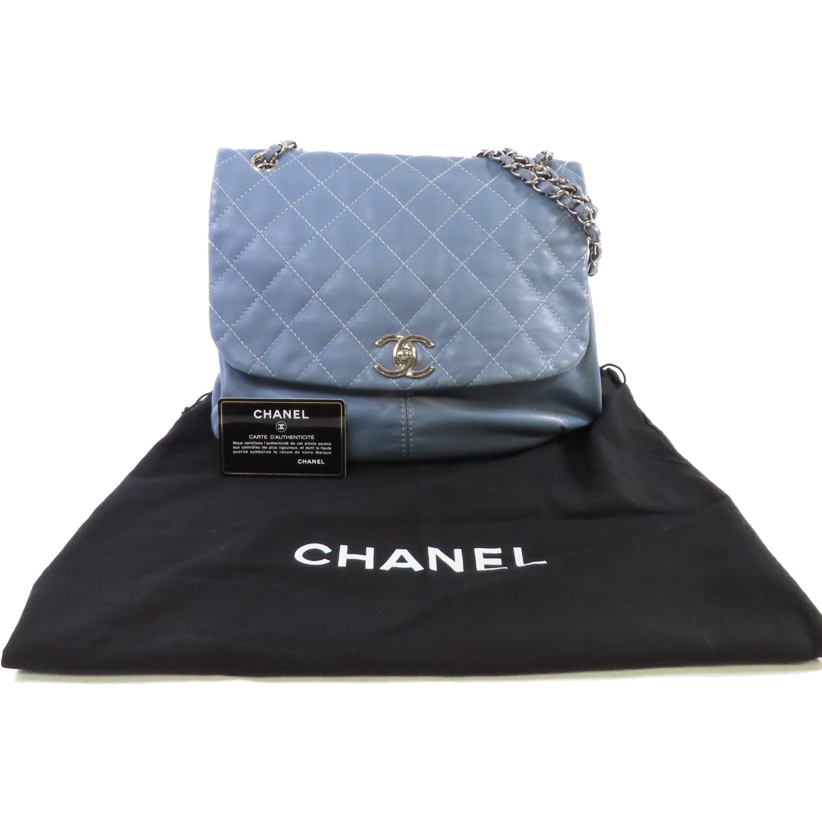CHANEL 菱格羊皮皮革Chain Shoulder Bag銀扣鏈帶肩背袋灰藍色