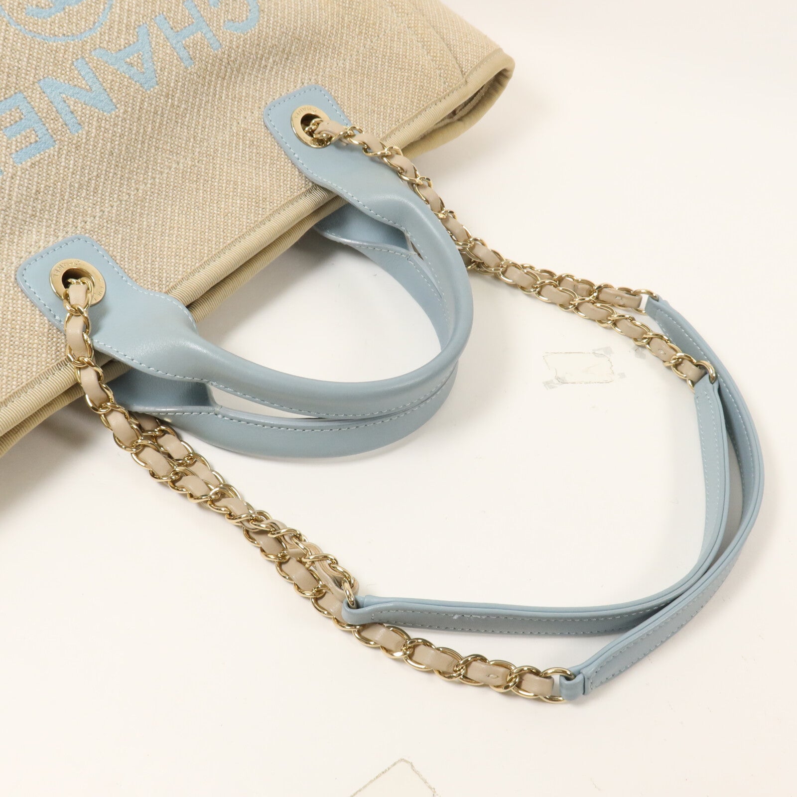 CHANEL 帆布Deauville Tote Small鏈帶手挽肩背兩用袋