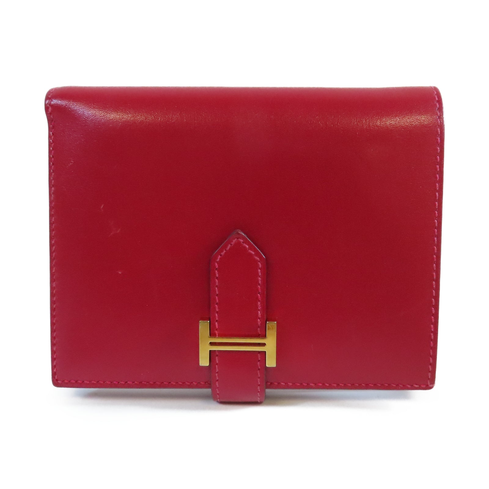 HERMES **【清倉大減價】Box Calf皮革Bearn Compact Wallet金扣錢包Rouge Casaque法拉利紅色