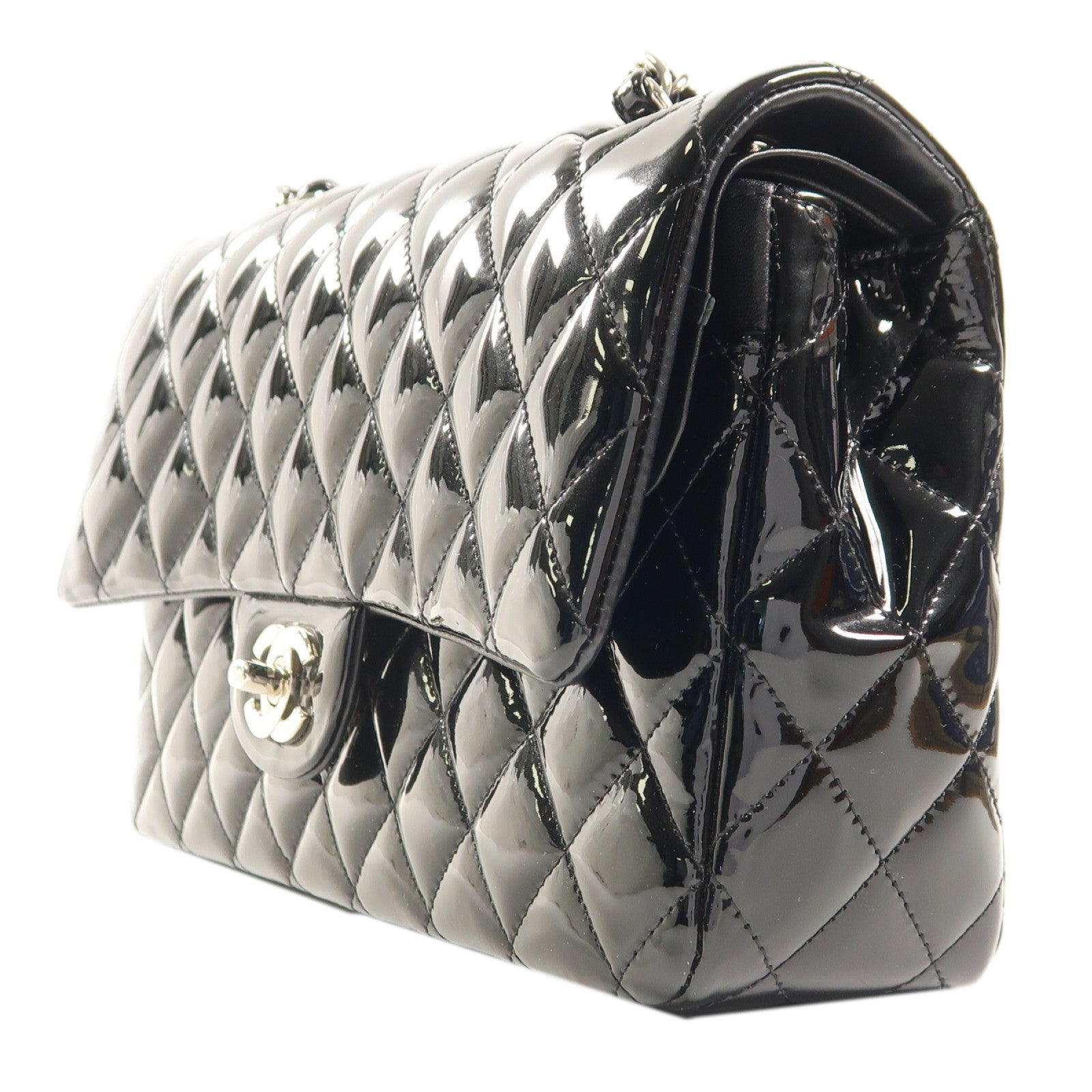 CHANEL 【激減優惠】菱格漆皮皮革Classic Flap 25cm銀扣鏈帶肩背袋黑色