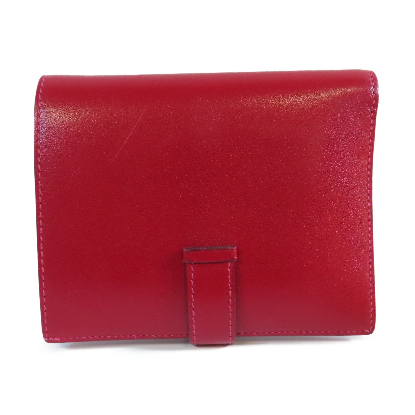 HERMES **【清倉大減價】Box Calf皮革Bearn Compact Wallet金扣錢包Rouge Casaque法拉利紅色