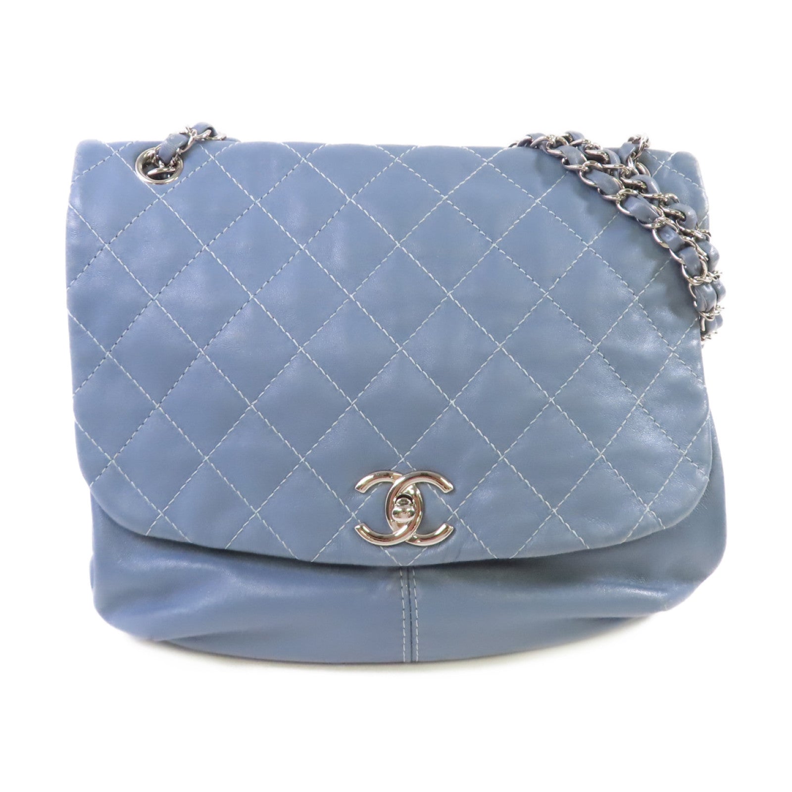 CHANEL 菱格羊皮皮革Chain Shoulder Bag銀扣鏈帶肩背袋灰藍色