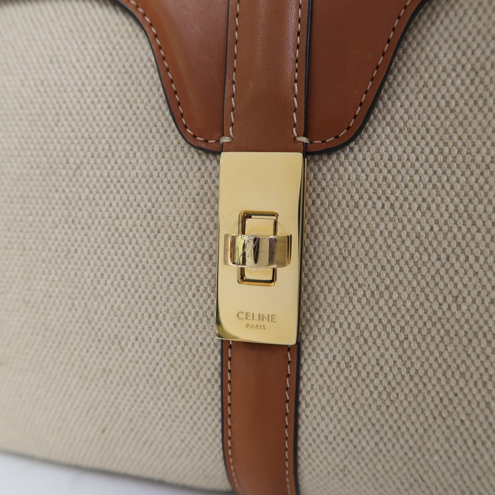 CELINE 帆布Small 16金扣手挽肩背兩用袋啡色/米色