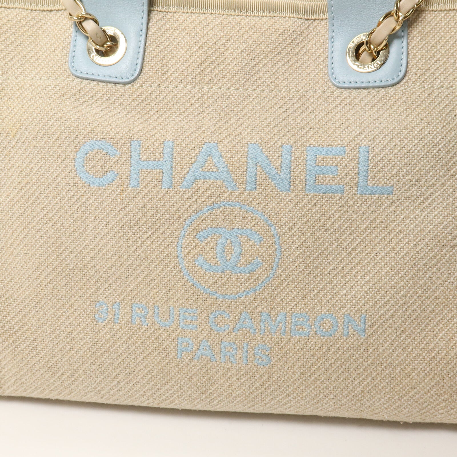 CHANEL 帆布Deauville Tote Small鏈帶手挽肩背兩用袋