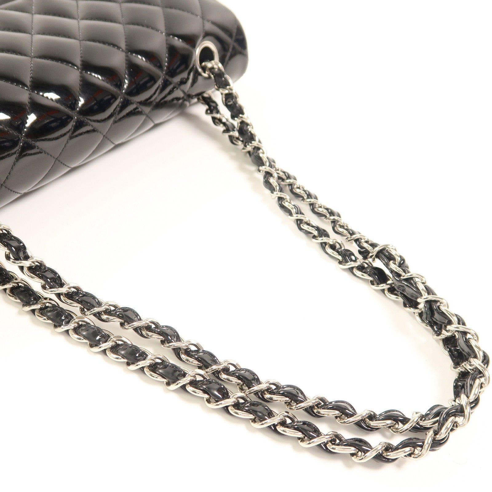 CHANEL 【激減優惠】菱格漆皮皮革Classic Flap 25cm銀扣鏈帶肩背袋黑色