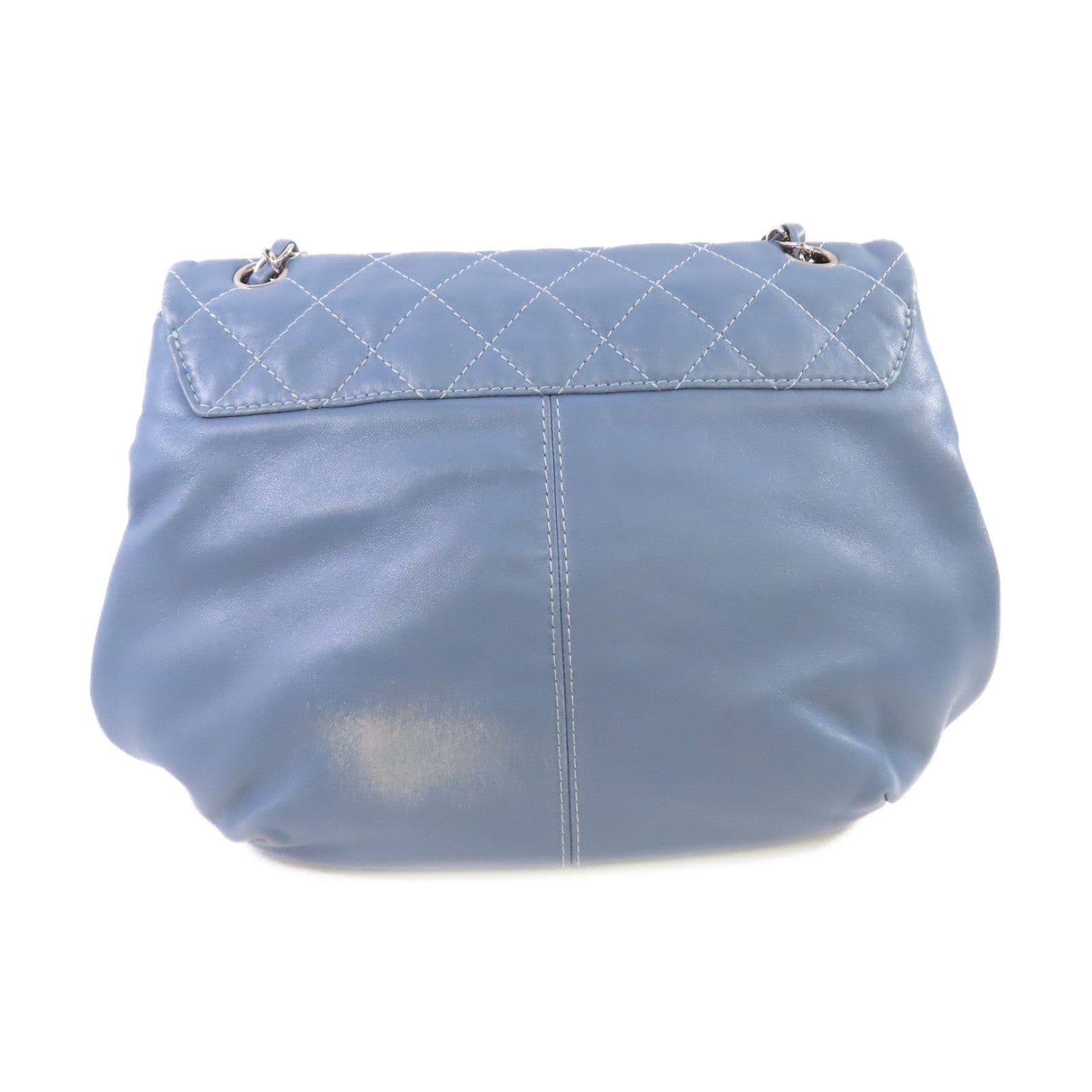 CHANEL 菱格羊皮皮革Chain Shoulder Bag銀扣鏈帶肩背袋灰藍色
