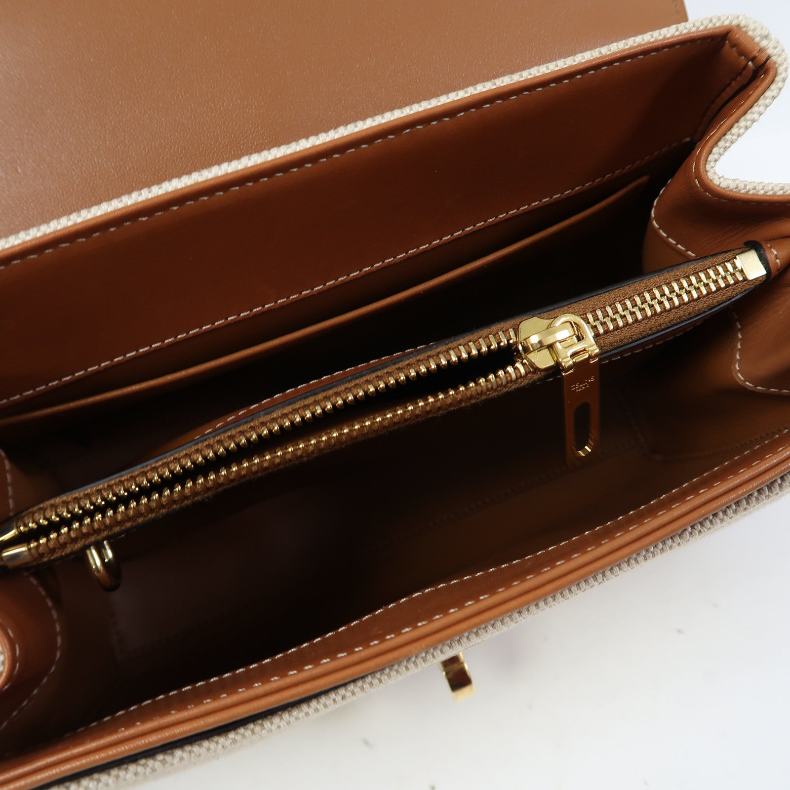 CELINE 帆布Small 16金扣手挽肩背兩用袋啡色/米色