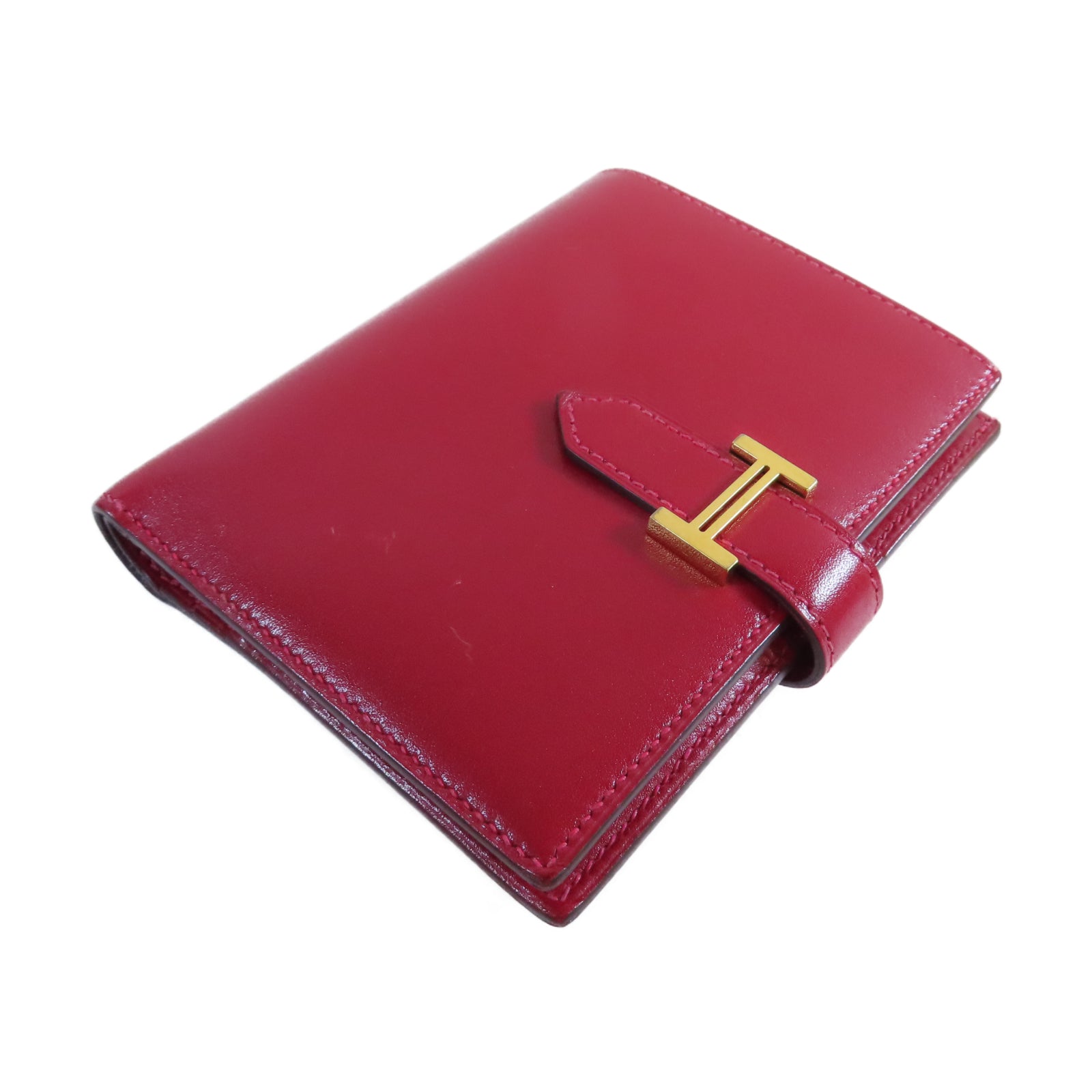 HERMES **【清倉大減價】Box Calf皮革Bearn Compact Wallet金扣錢包Rouge Casaque法拉利紅色