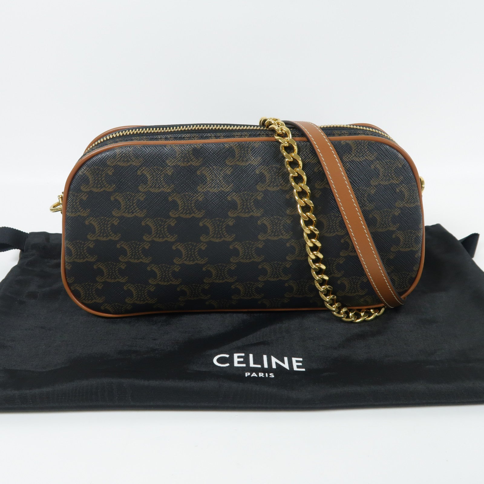 CELINE 塗層帆布Triomphe Shoulder金扣鏈帶肩背袋