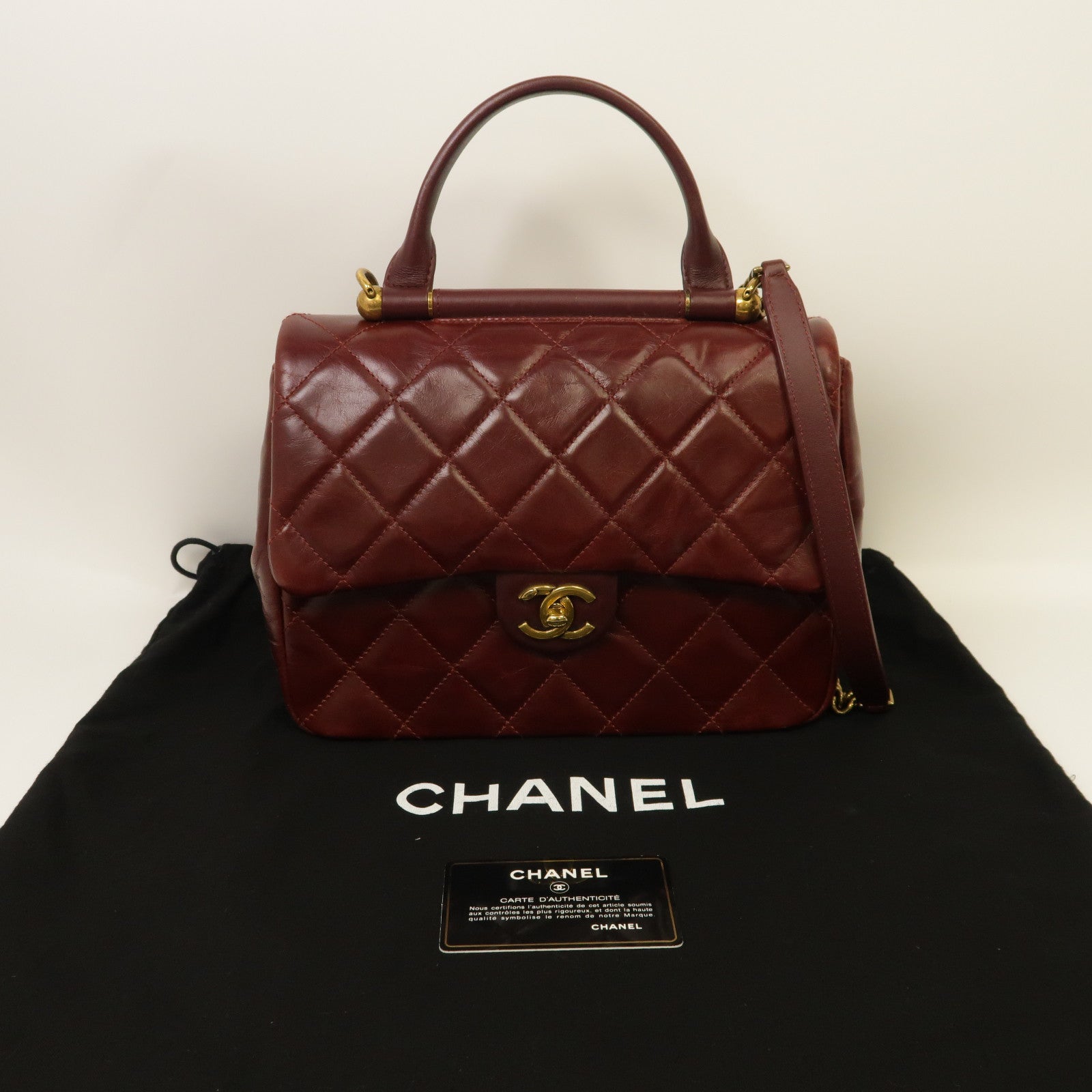 CHANEL 菱格牛皮皮革2 Way Shoulder金扣手挽肩背兩用袋紅色