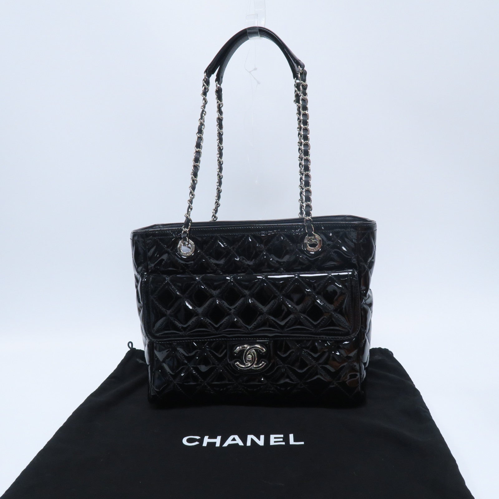 CHANEL 【激減優惠】漆皮皮革Chain Shoulder銀扣鏈帶肩背袋黑色