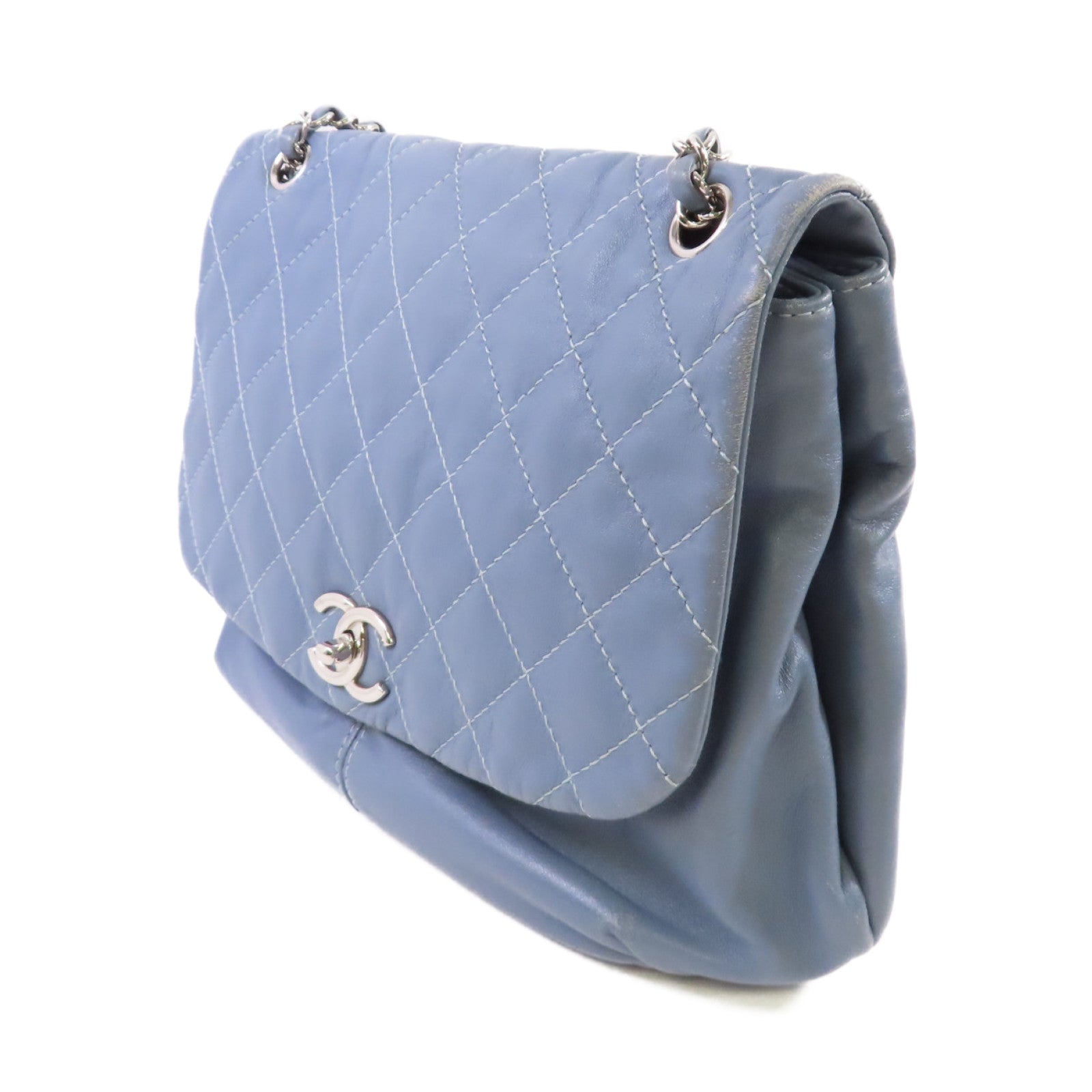 CHANEL 菱格羊皮皮革Chain Shoulder Bag銀扣鏈帶肩背袋灰藍色