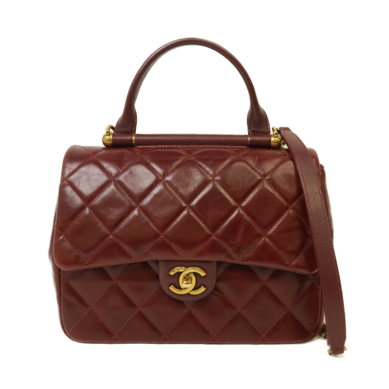 CHANEL 菱格牛皮皮革2 Way Shoulder金扣手挽肩背兩用袋紅色