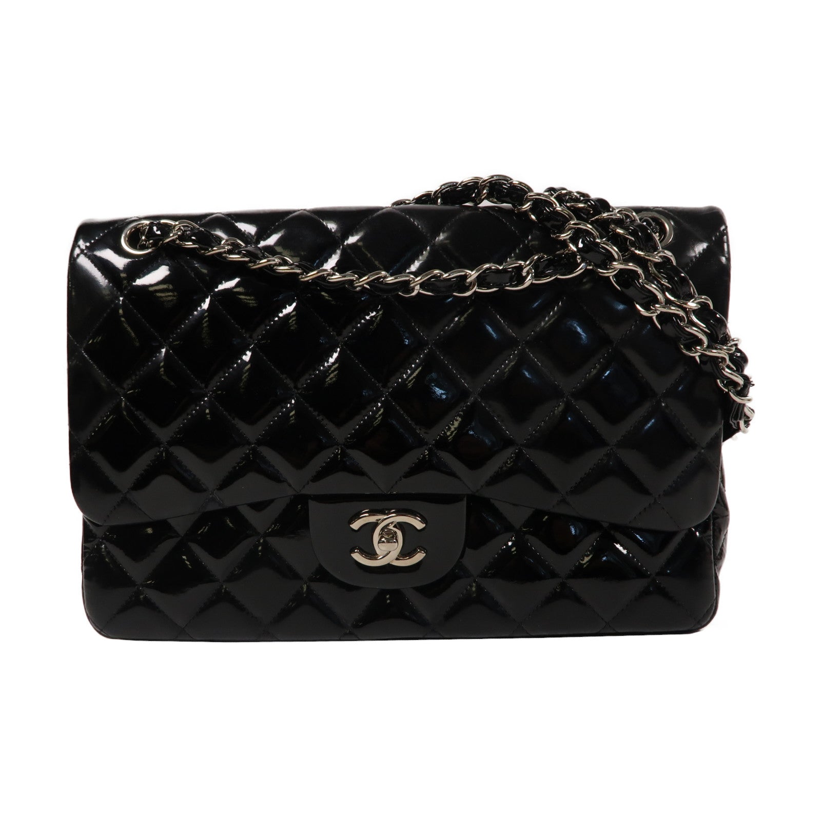 CHANEL 【激減優惠】菱格漆皮皮革Chain Shoulder銀扣鏈帶肩背袋黑色
