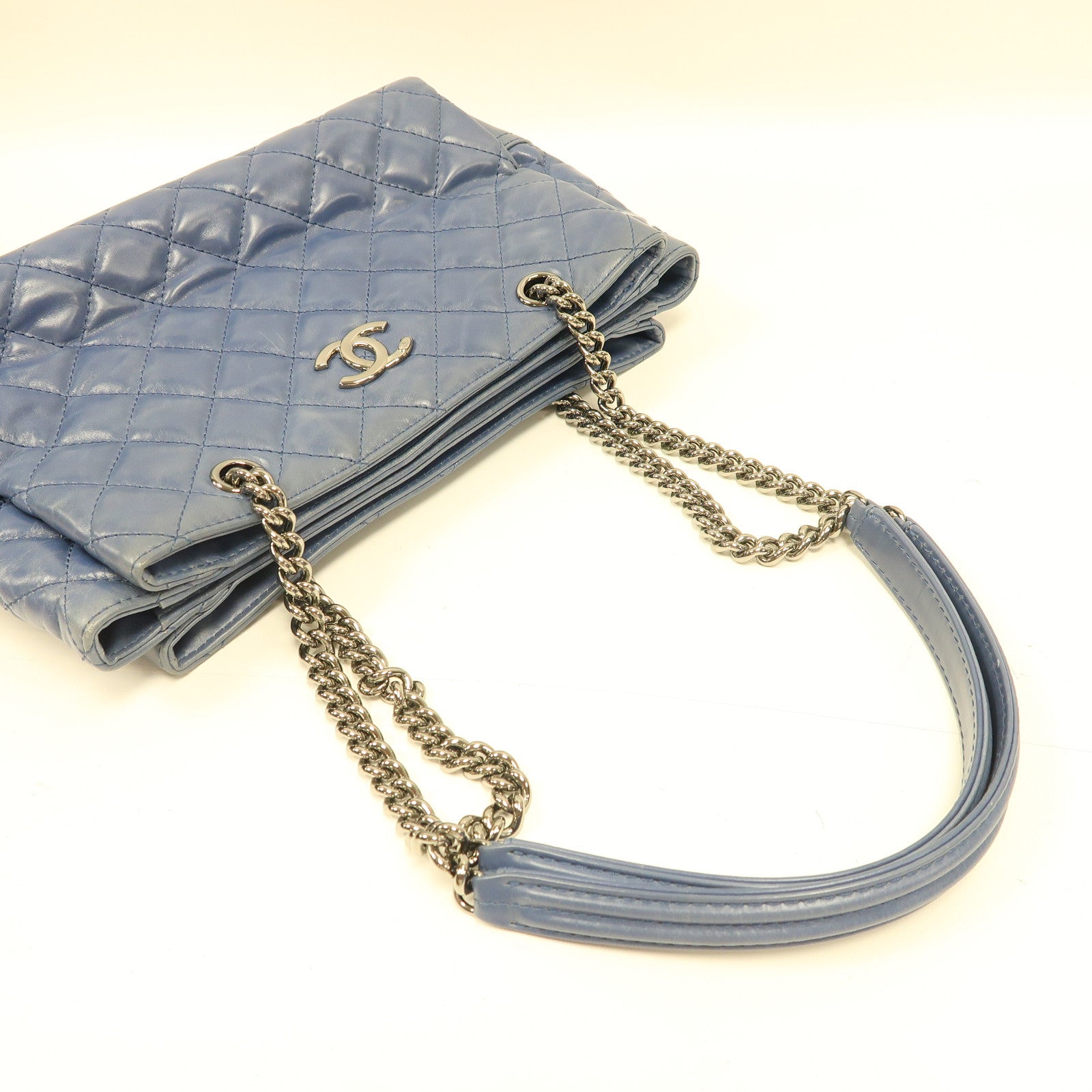 CHANEL 【激減優惠】菱格牛皮皮革Chain Shoulder銀扣鏈帶肩背袋藍色