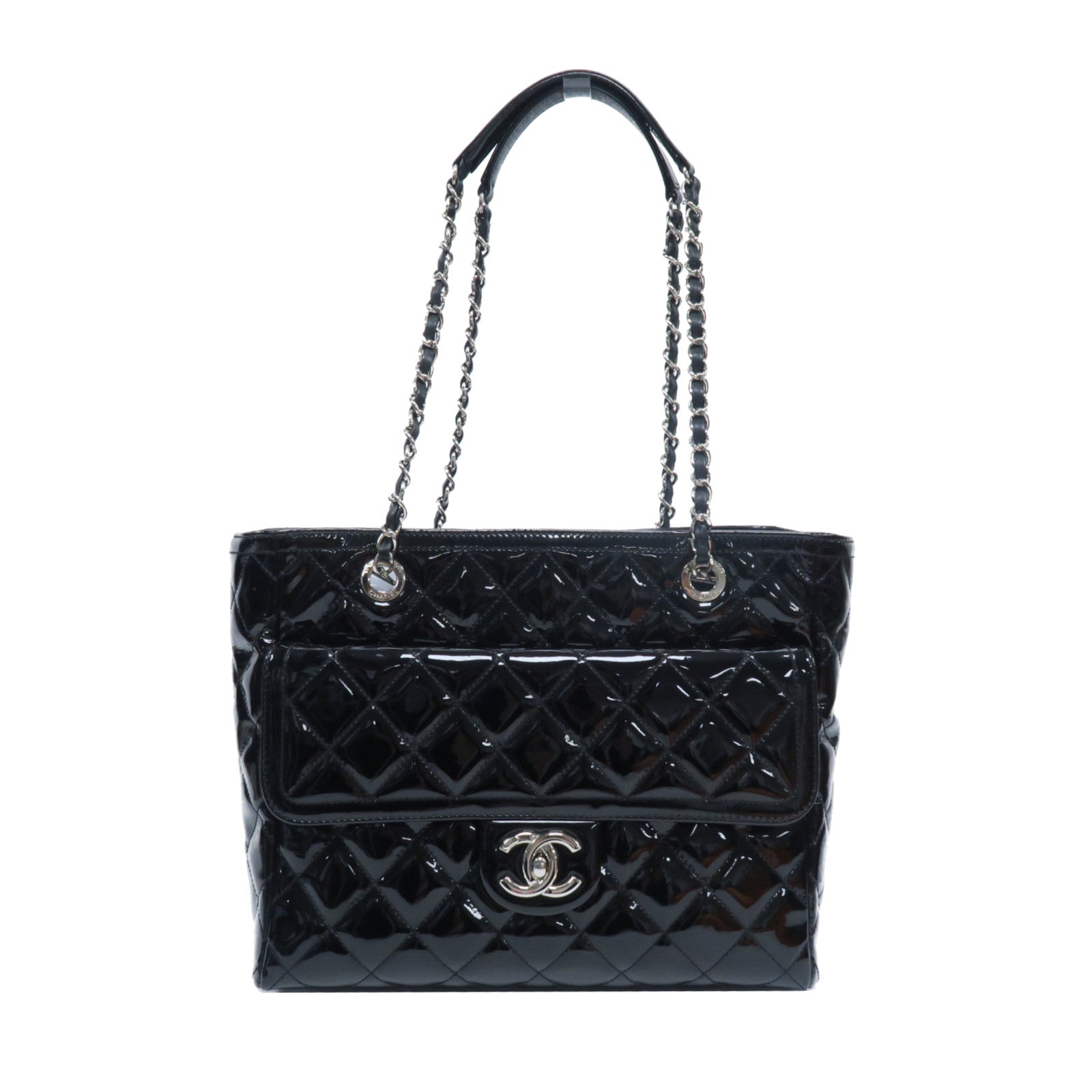 CHANEL 【激減優惠】漆皮皮革Chain Shoulder銀扣鏈帶肩背袋黑色