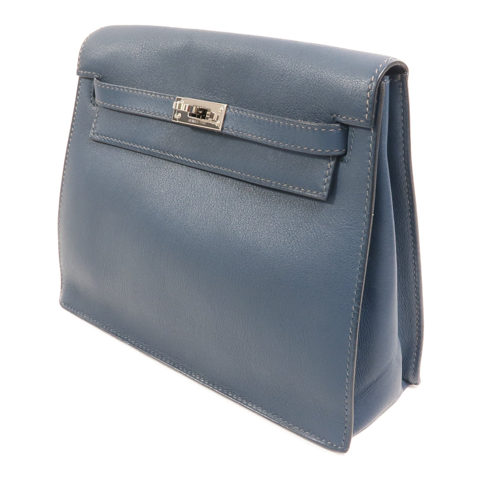 HERMES 【激減優惠】Evercolor皮革Kelly Dance銀扣肩背袋Deep Blue