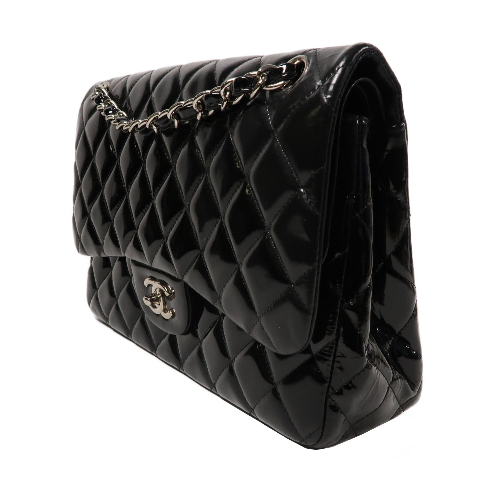 CHANEL 【激減優惠】菱格漆皮皮革Chain Shoulder銀扣鏈帶肩背袋黑色