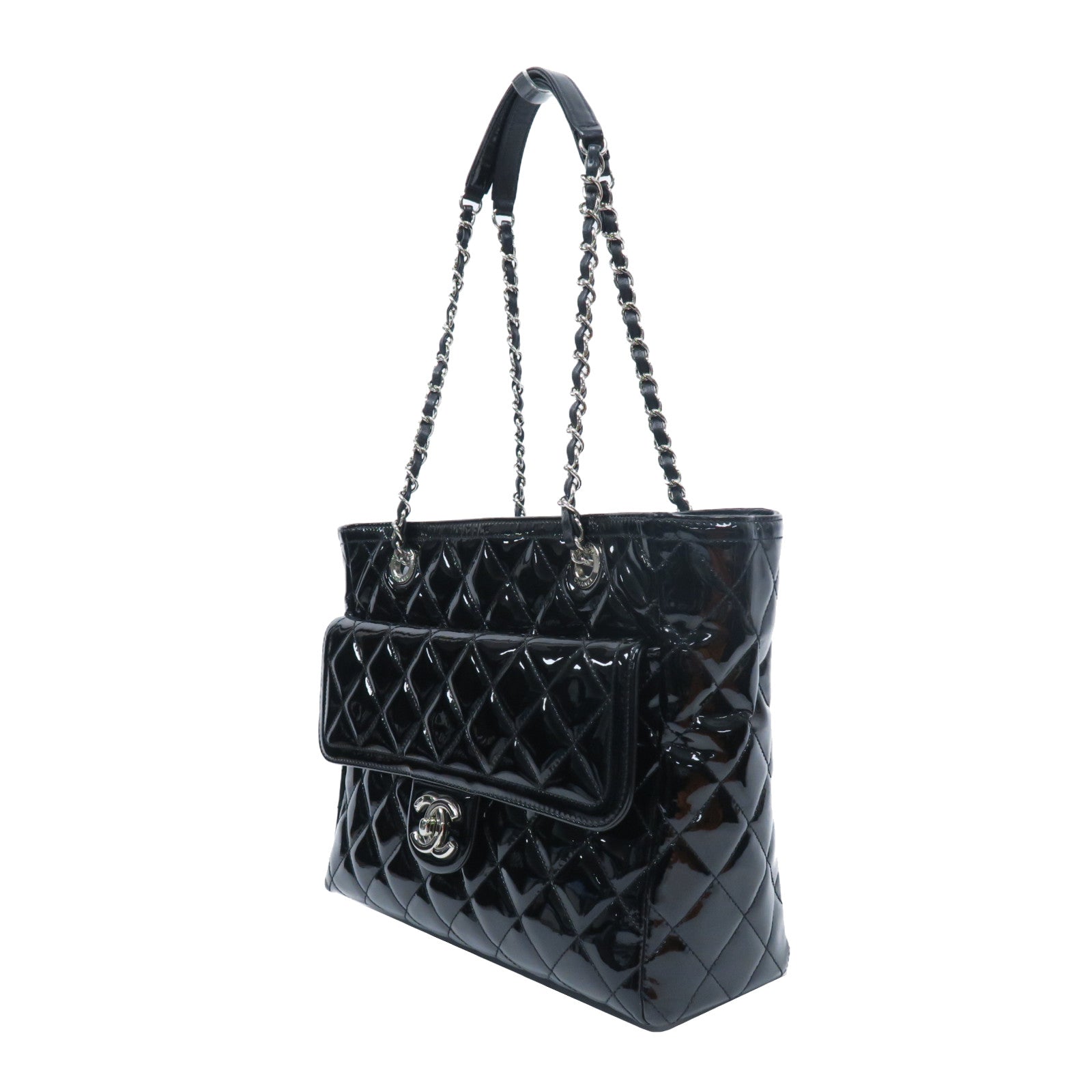 CHANEL 【激減優惠】漆皮皮革Chain Shoulder銀扣鏈帶肩背袋黑色